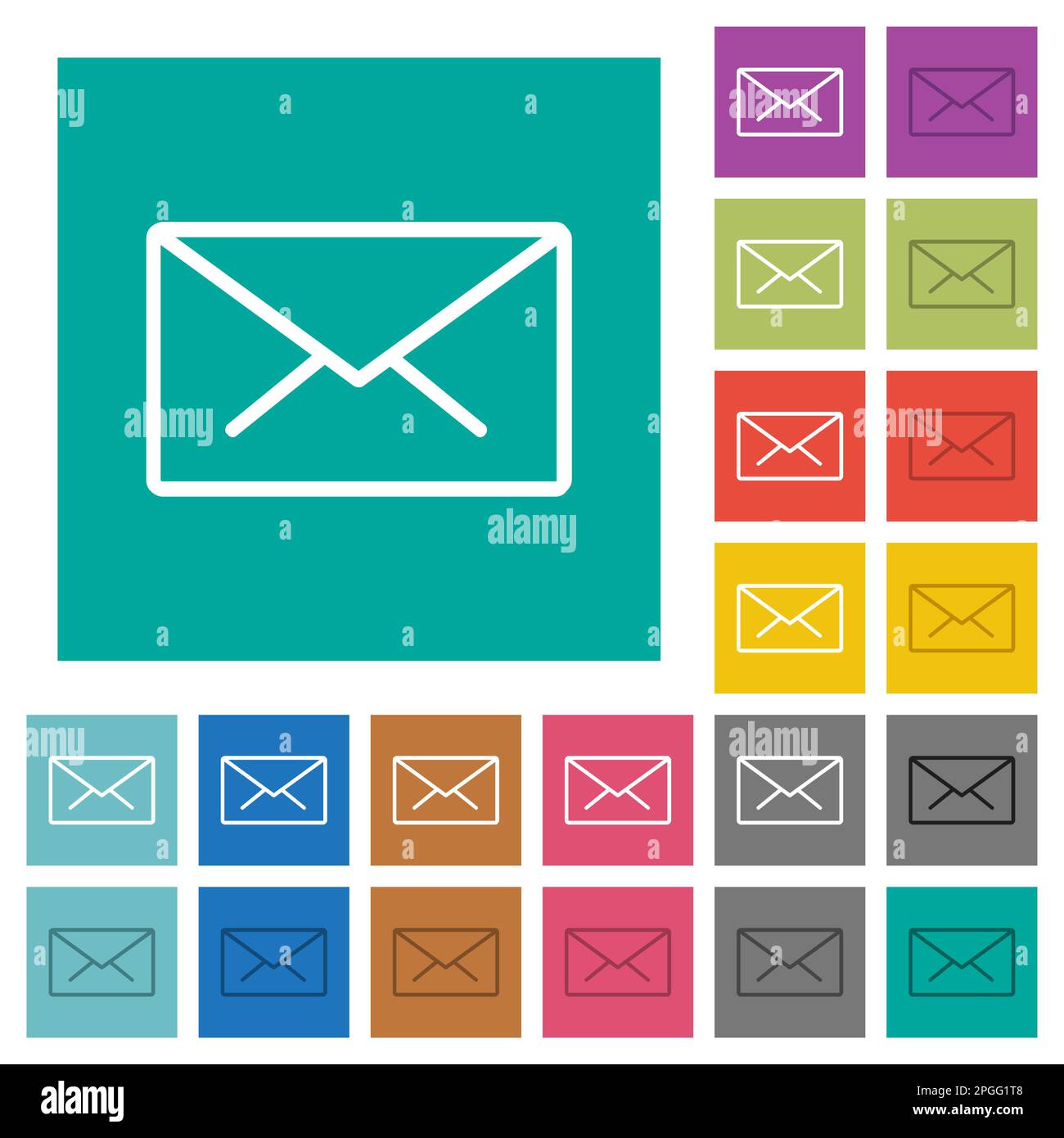 Contour d'enveloppe icônes plates multicolores sur des fonds carrés simples. Inclut des variantes d'icône blanche et foncée pour les effets de survol ou actifs. Illustration de Vecteur