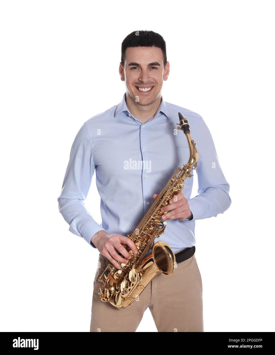 Un Joueur De Saxophone Dans La Robe Formelle De Concert Isolé Sur Blanc  Tenant Un Saxophone. Banque D'Images et Photos Libres De Droits. Image  48541027