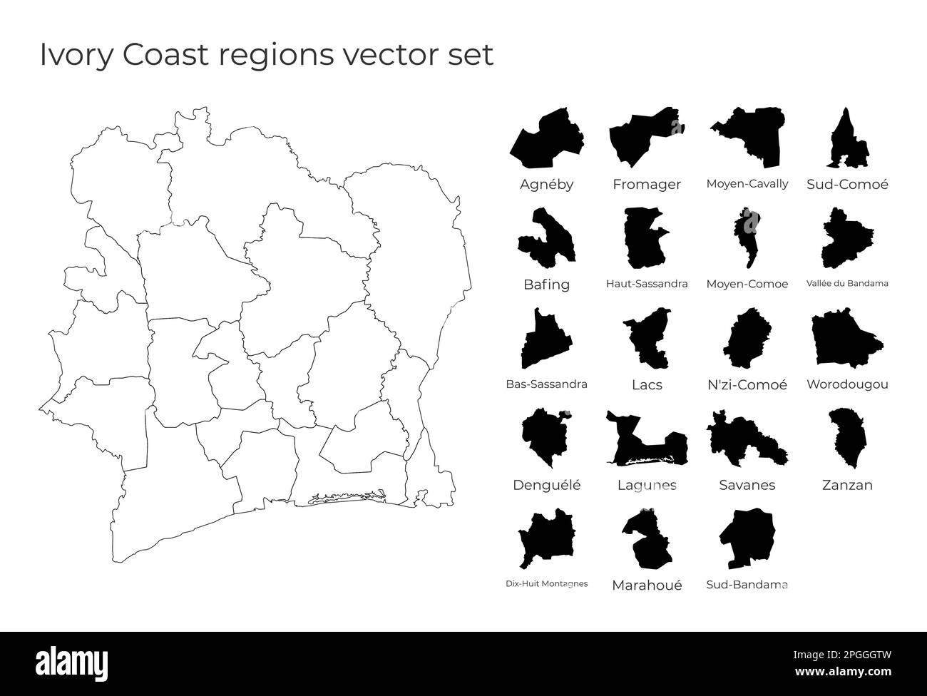 Carte Côte d'Ivoire avec les formes des régions. Carte vectorielle vierge du pays avec les régions. Frontières du pays pour votre infographie. Illustration de Vecteur