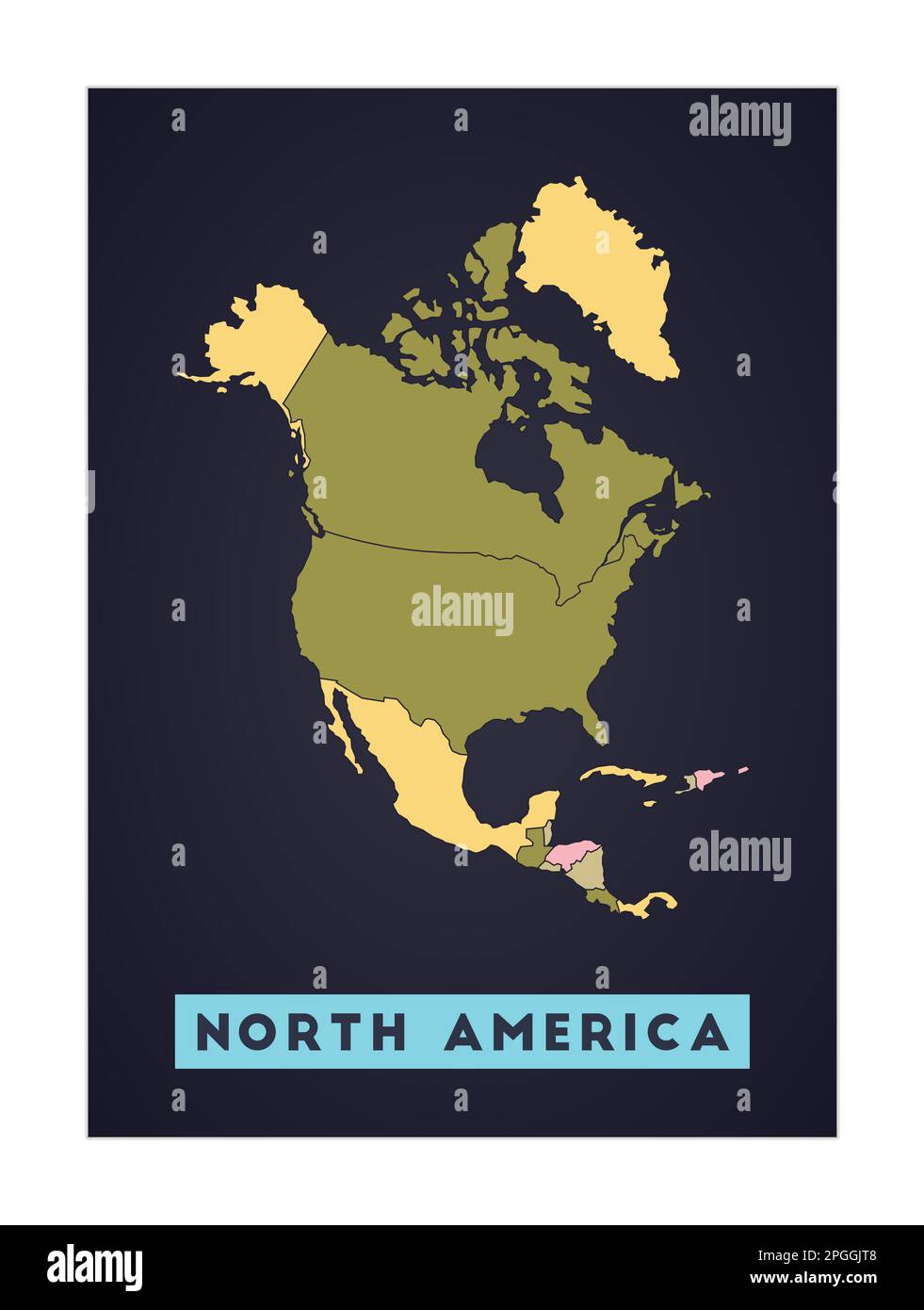 Carte de l'Amérique du Nord. Affiche continentale avec régions. Forme de l'Amérique du Nord avec le nom du continent. Illustration vectorielle étonnante. Illustration de Vecteur