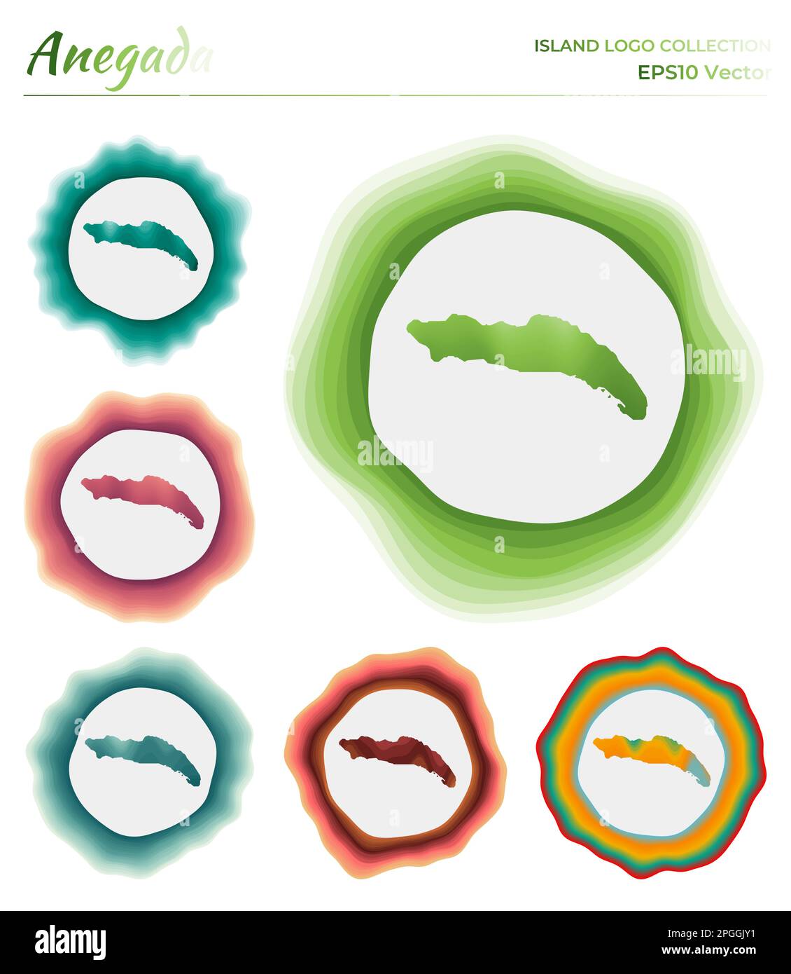 Collection de logo Anegada. Badge coloré de l'île. Couches autour de la forme de bordure Anegada. Illustration vectorielle. Illustration de Vecteur