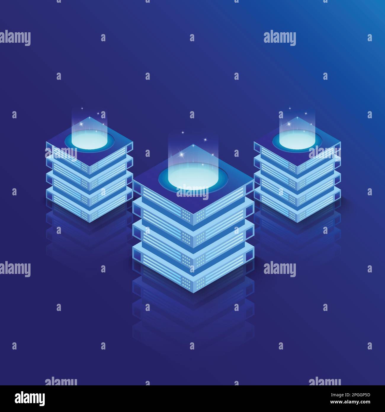 Concept isométrique de salle de serveurs et de traitement des Big Data, icône de centre de données et de base de données. Calcul du Big Data Center, traitement de l'information. Illustration de Vecteur