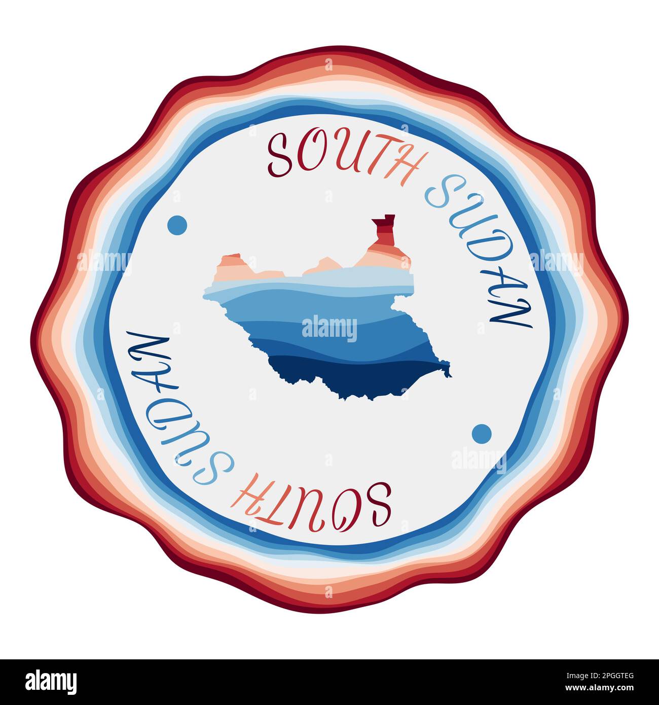 Badge du Soudan du Sud. Carte du pays avec de belles vagues géométriques et un cadre rouge et bleu vif. Logo rond vif du Soudan du Sud. Illustration de Vecteur
