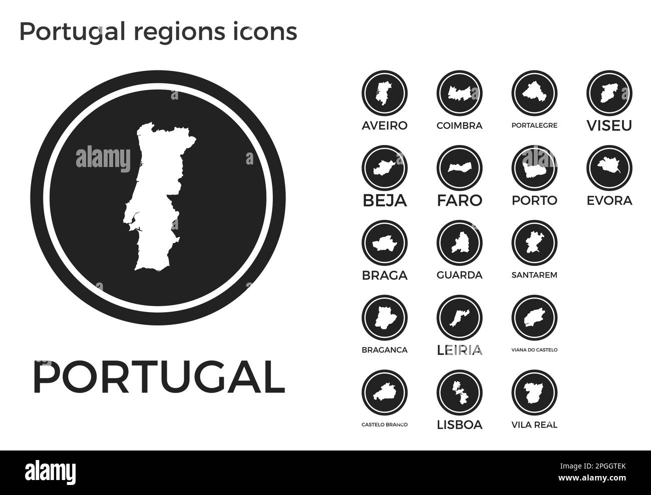 Icônes des régions du Portugal. Logos ronds noirs avec cartes et titres des régions. Illustration vectorielle. Illustration de Vecteur