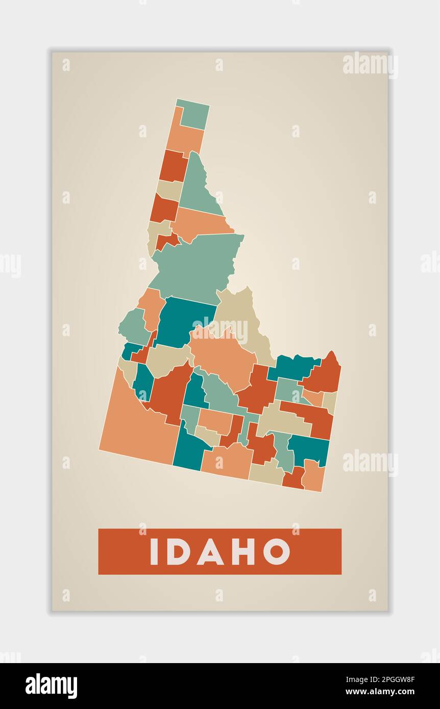 Affiche Idaho. Carte de l'état américain avec des régions colorées. Forme de l'Idaho avec le nom de l'état américain. Illustration vectorielle puissante. Illustration de Vecteur