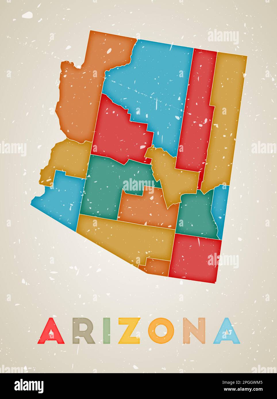 Carte de l'Arizona. Affiche de l'état AMÉRICAIN avec des régions colorées. Texture grunge ancienne. Illustration vectorielle de l'Arizona avec le nom de l'état américain. Illustration de Vecteur