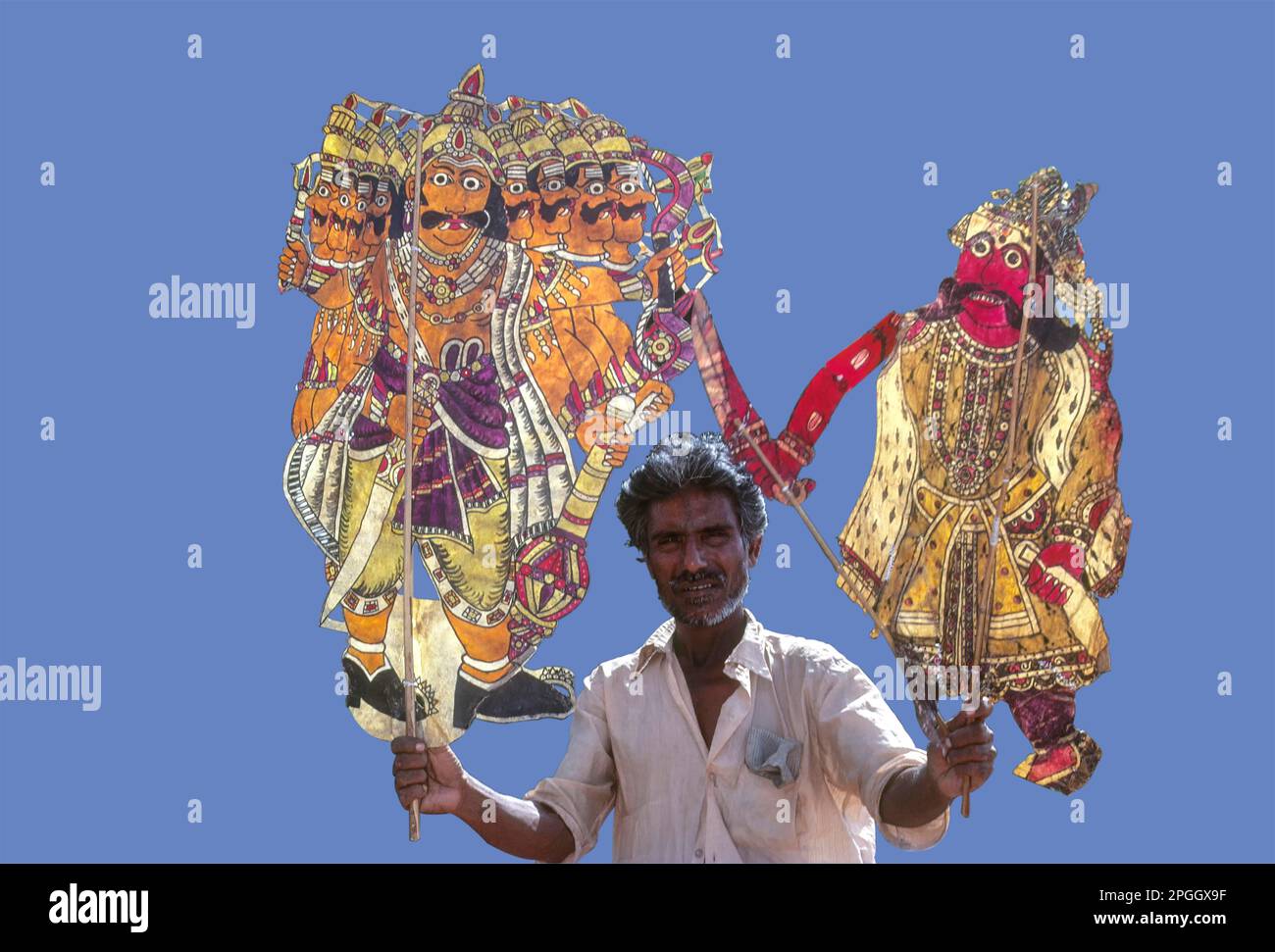 Découpe, épopée de Ramayana dans la marionnette en cuir, Ravana et son chef d'armée, Tamil Nadu, Inde, Asie Banque D'Images