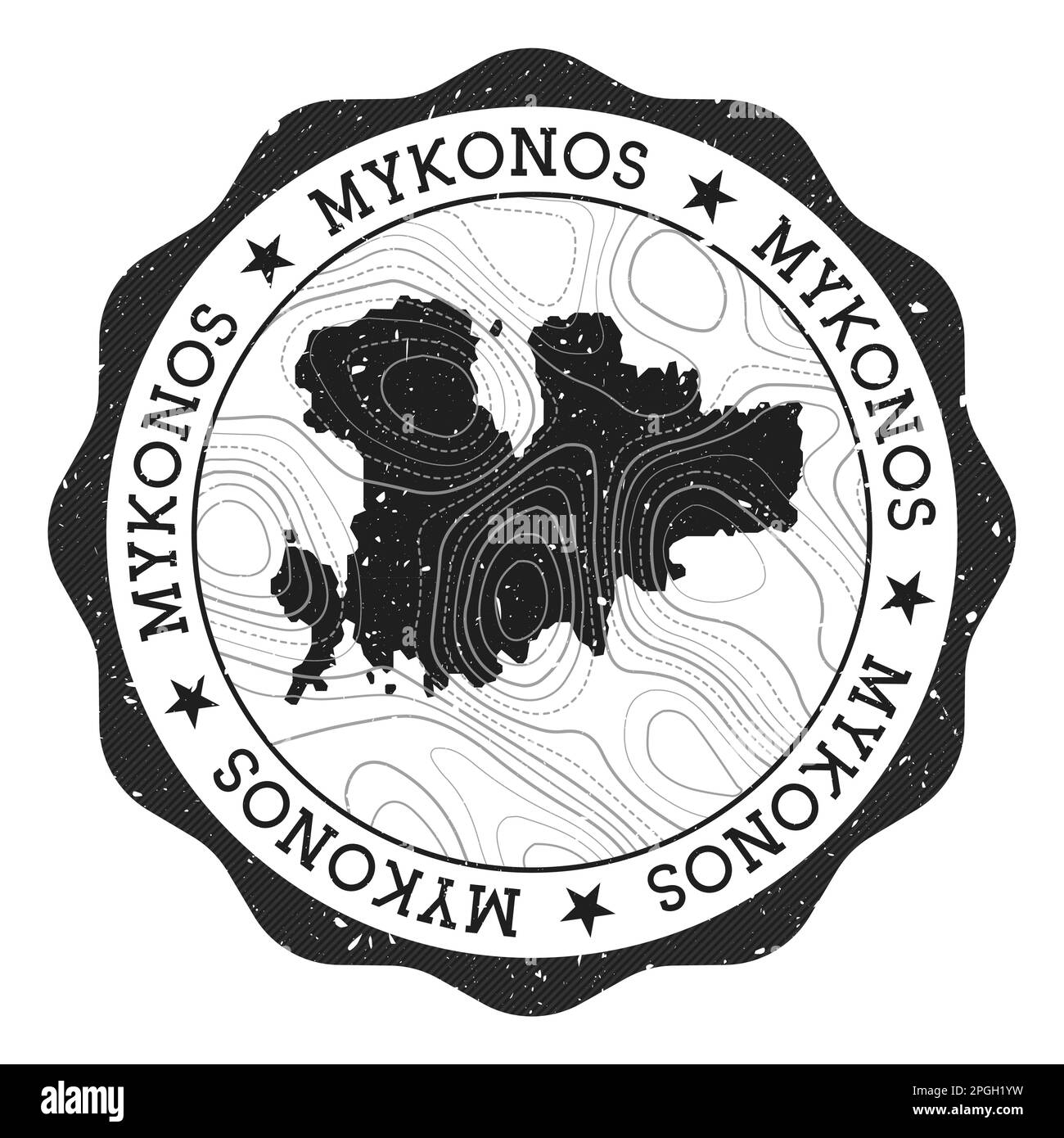 Timbre extérieur Mykonos. Autocollant rond avec carte de l'île avec isolines topographiques. Illustration vectorielle. Illustration de Vecteur
