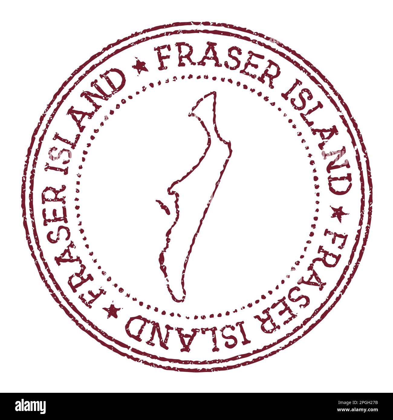 Tampon en caoutchouc rond de Fraser Island avec carte de l'île. Timbre de passeport rouge vintage avec texte circulaire et étoiles, illustration vectorielle. Illustration de Vecteur