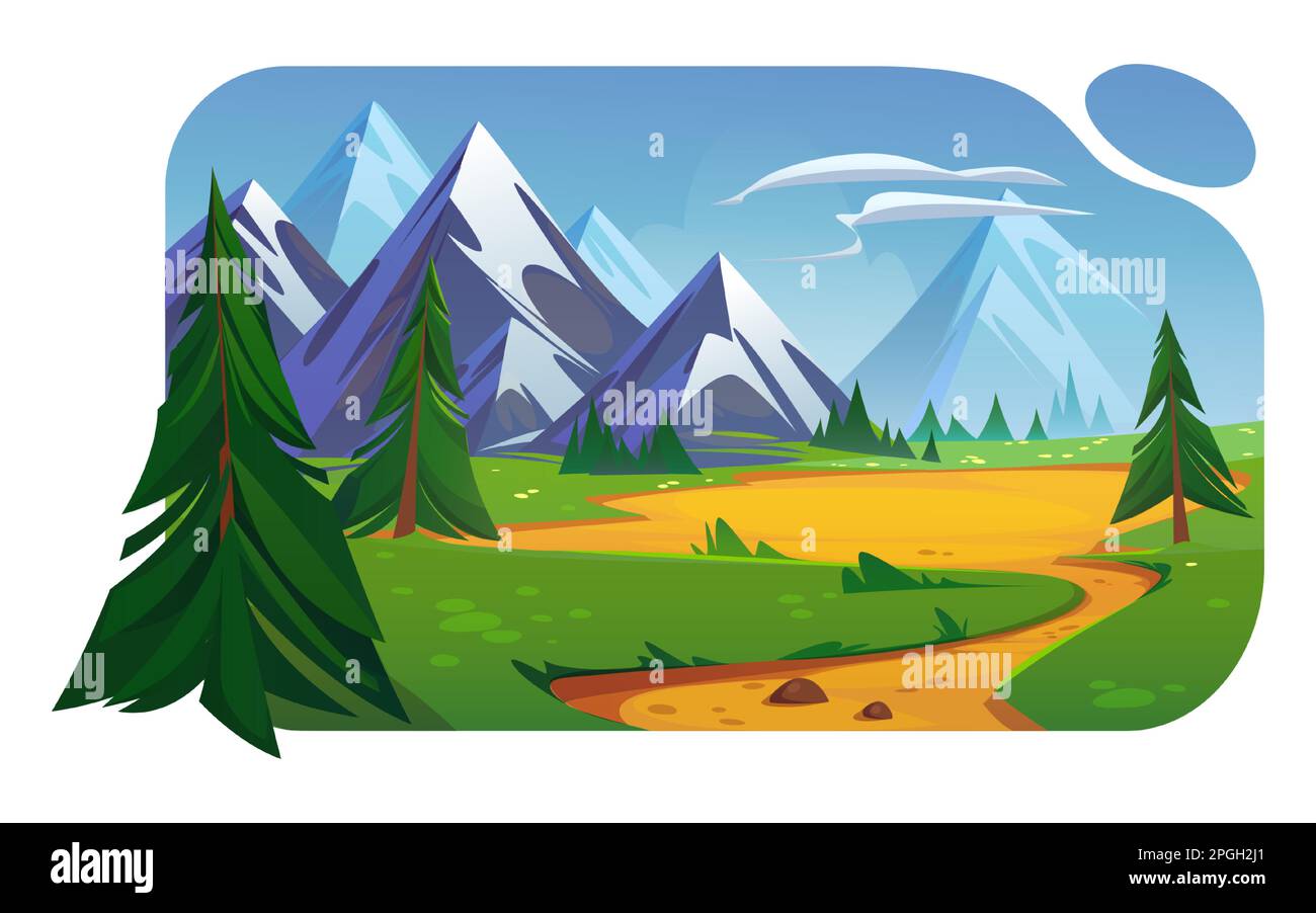 Paysage de vallée de montagne avec champs verts, arbres, route et nuages dans le ciel. Scène d'été de rochers, prairies, pins et chemin, illustration de dessins animés vectoriels Illustration de Vecteur