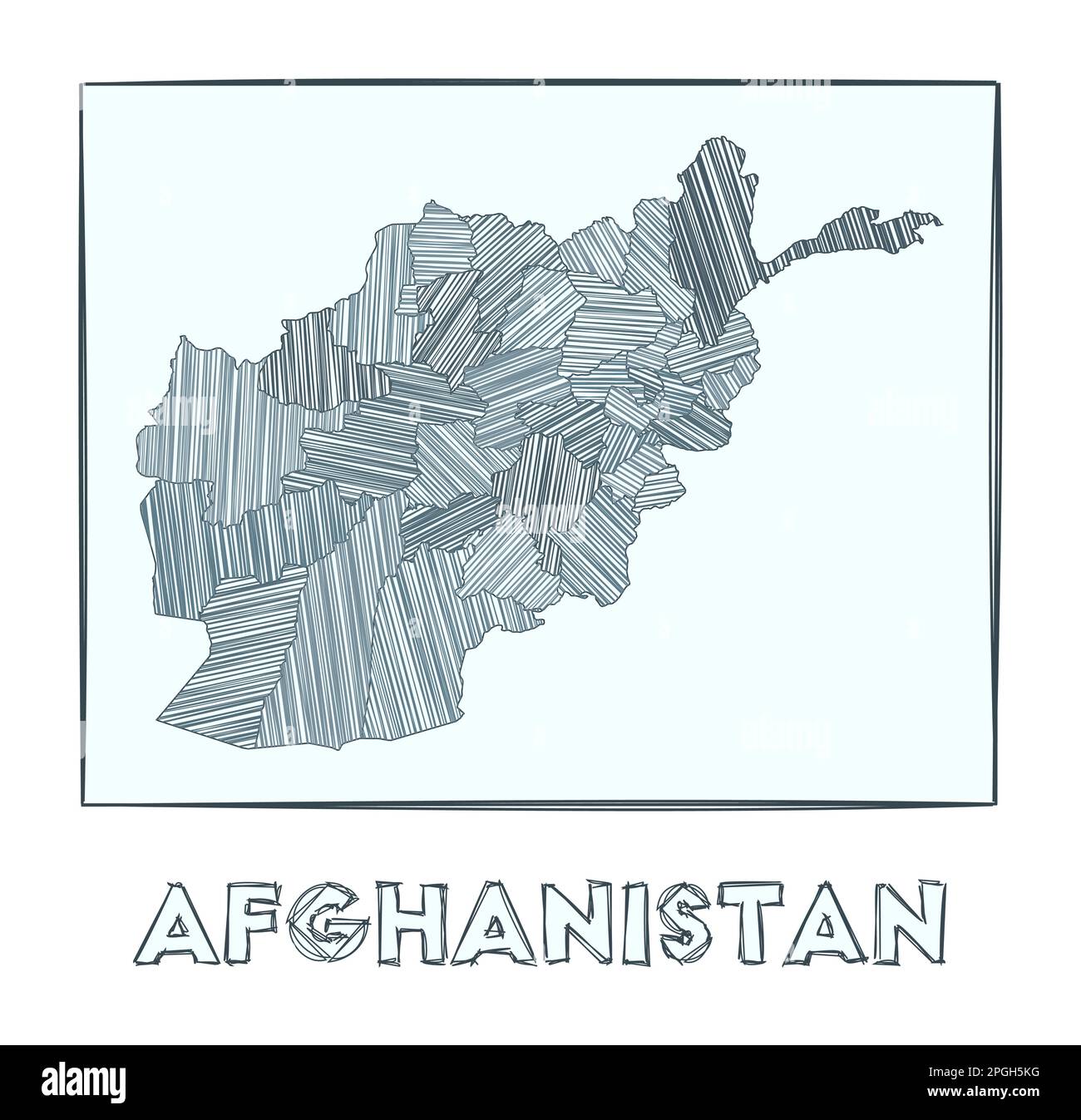 Croquis carte de l'Afghanistan. Carte dessinée à la main en niveaux de gris du pays. Zones remplies de rayures hachurées. Illustration vectorielle. Illustration de Vecteur