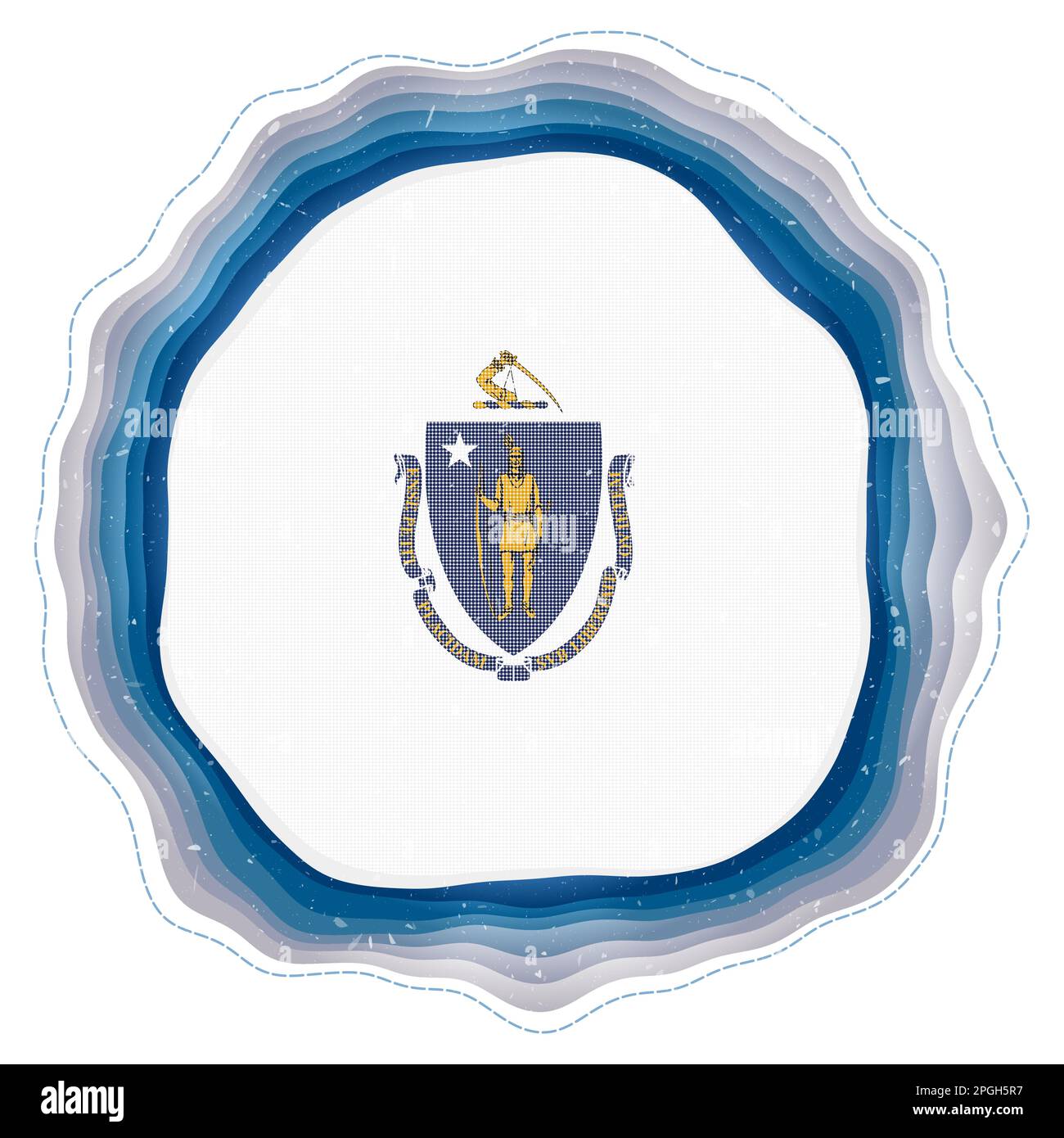 Drapeau du Massachusetts dans le cadre. Badge de l'état américain. Panneau circulaire en couches autour du drapeau du Massachusetts. Illustration vectorielle cool. Illustration de Vecteur