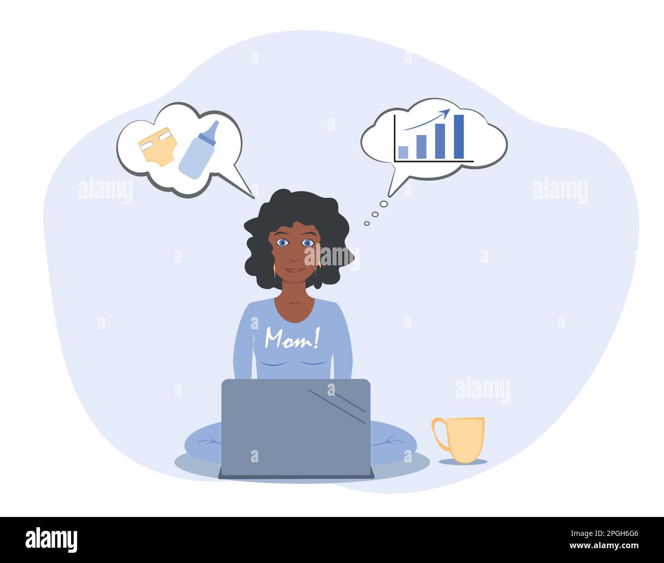 Femme, mère africaine américaine. Priorités des femmes dans la maternité et la carrière. Femme indépendante travaillant à la maison avec un enfant. Fête des mères. Travail Illustration de Vecteur