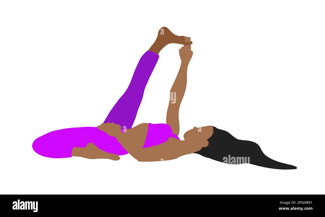 Flexibilité yoga pose couché sur le dos. Afro-américaine femme, femme, femme, fille. Pilates, santé mentale, entraînement, gym. Illustration vectorielle i Illustration de Vecteur