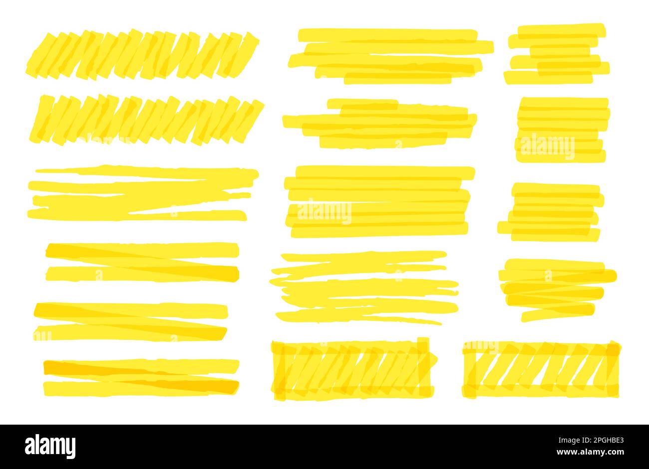 Lignes de contour des marqueurs jaunes, bandes de marqueurs. Surligneur pour le texte, éléments dessinés à la main pour souligner le stylo. Lignes lumineuses Illustration de Vecteur