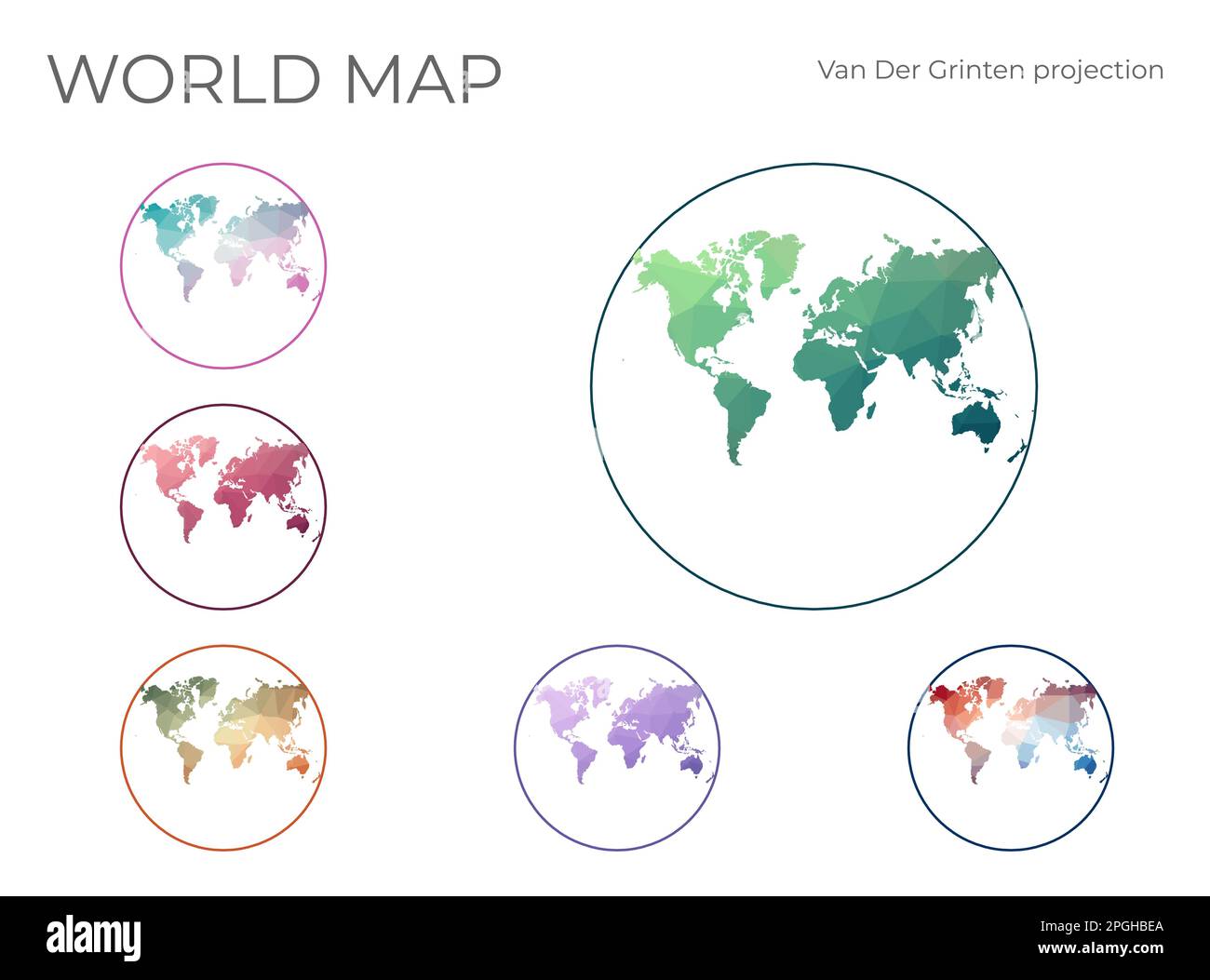 Ensemble de cartes du monde Low poly. Projection Van der Grinten. Collection des cartes du monde dans un style géométrique. Illustration vectorielle. Illustration de Vecteur