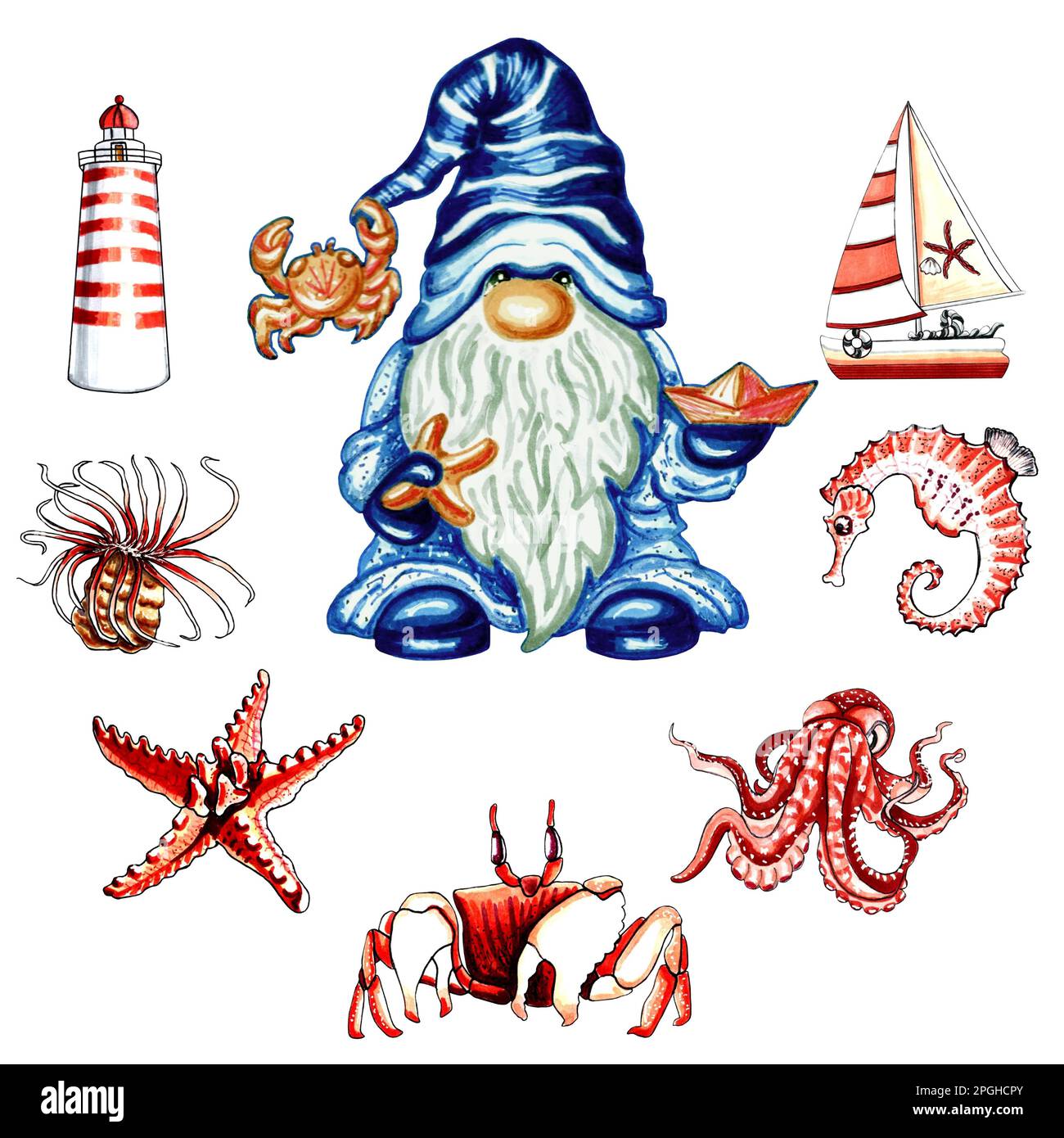 GNOME avec accessoires de marine couleur rouge-marron. Illustration JPEG pour les autocollants, la création de motifs, le papier peint, le papier d'emballage, les cartes postales. Banque D'Images