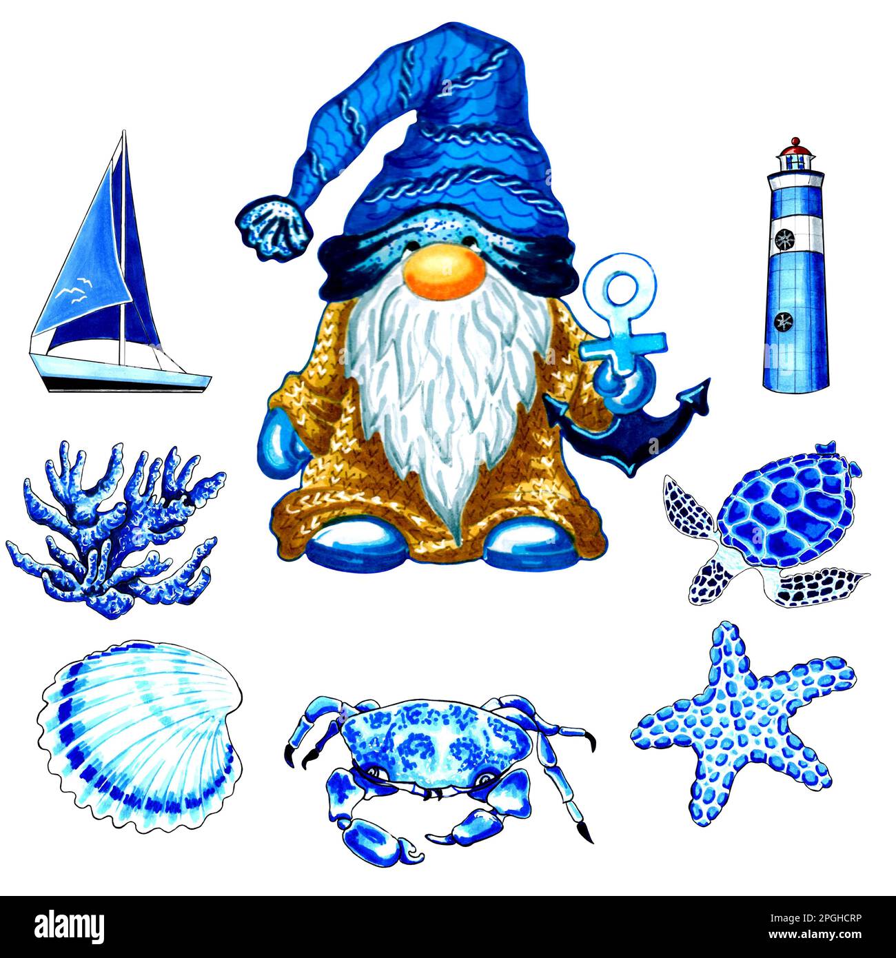 GNOME avec accessoires marins de couleur bleue. Illustration JPEG pour autocollants, création de motifs, papier peint, papier d'emballage, cartes postales, conception. Banque D'Images