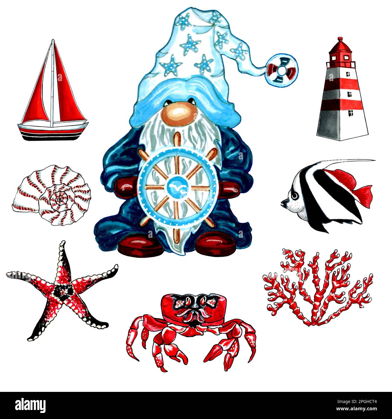 GNOME avec accessoires marins de couleur rouge. Illustration JPEG pour les autocollants, la création de motifs, le papier peint, le papier d'emballage, les cartes postales. Banque D'Images