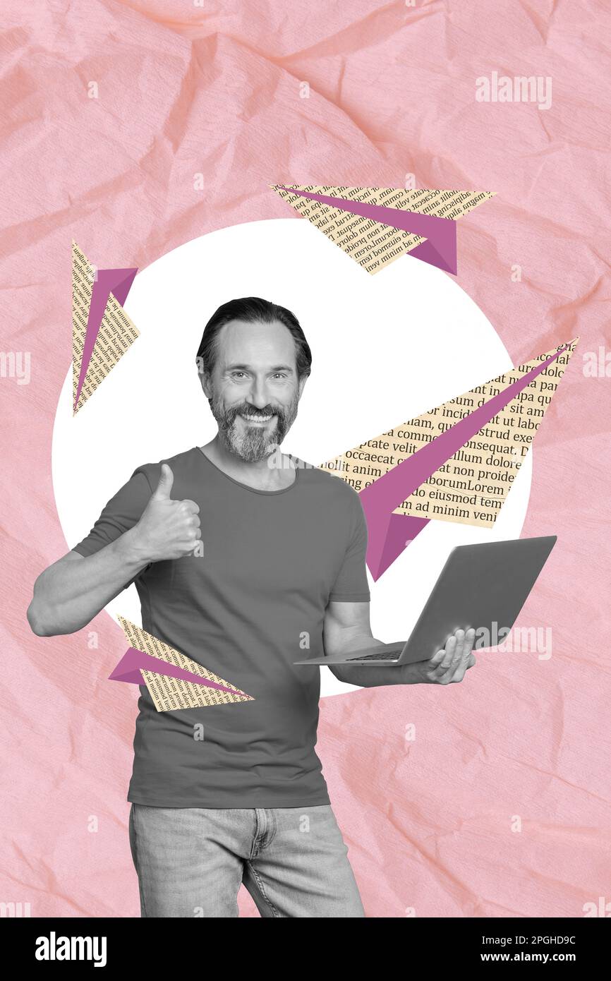 Tendance créative collage de l'homme mûr moyen pouce vers le haut main mouvement montrant signe tenir ordinateur netbook papier plan texte dactylographiant chat Banque D'Images