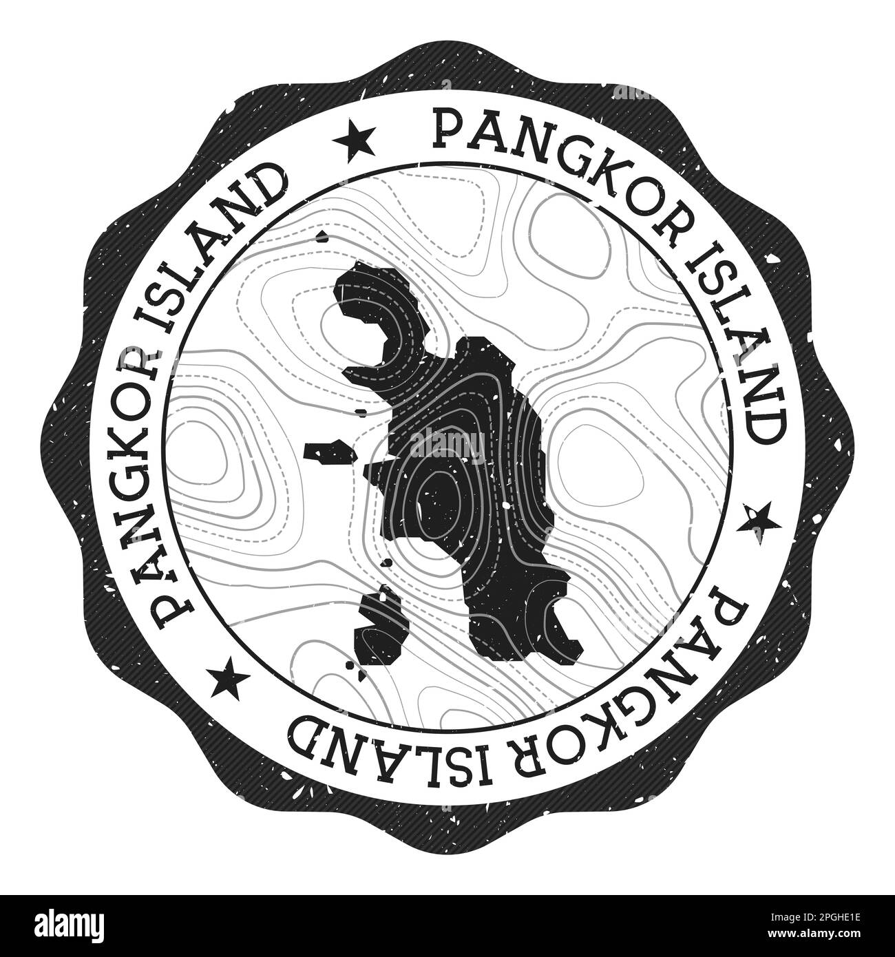 Timbre extérieur de l'île de Pangkor. Autocollant rond avec carte avec isolines topographiques. Illustration vectorielle. Illustration de Vecteur
