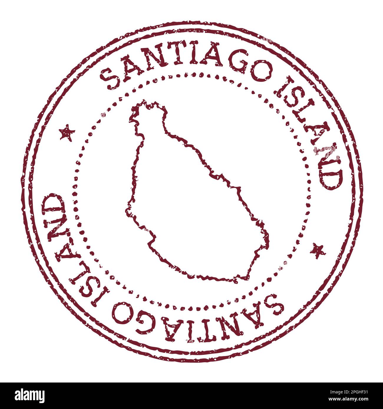 Tampon en caoutchouc rond de l'île de Santiago avec carte de l'île. Timbre de passeport rouge vintage avec texte circulaire et étoiles, illustration vectorielle. Illustration de Vecteur