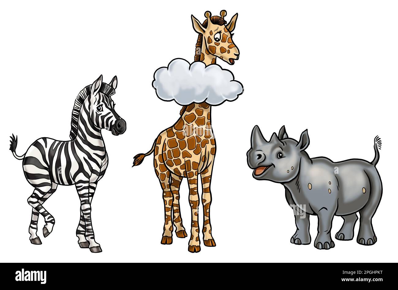 Illustration de rhinocéros, girafe et zèbre mignonne. Modèle isolé avec animaux amusants et heureux. Page de coloriage pour enfants. Banque D'Images
