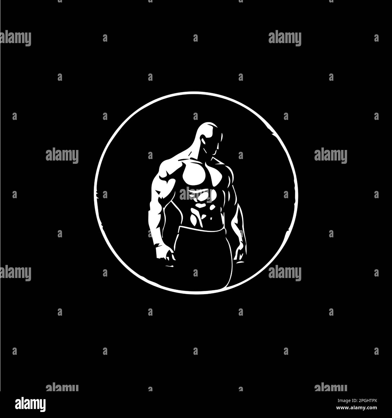 Icône de figure masculine de bodybuilder, modèle DE logo DE GYM, silhouette blanche de signe d'homme athlétique sur fond noir. Illustration vectorielle Illustration de Vecteur