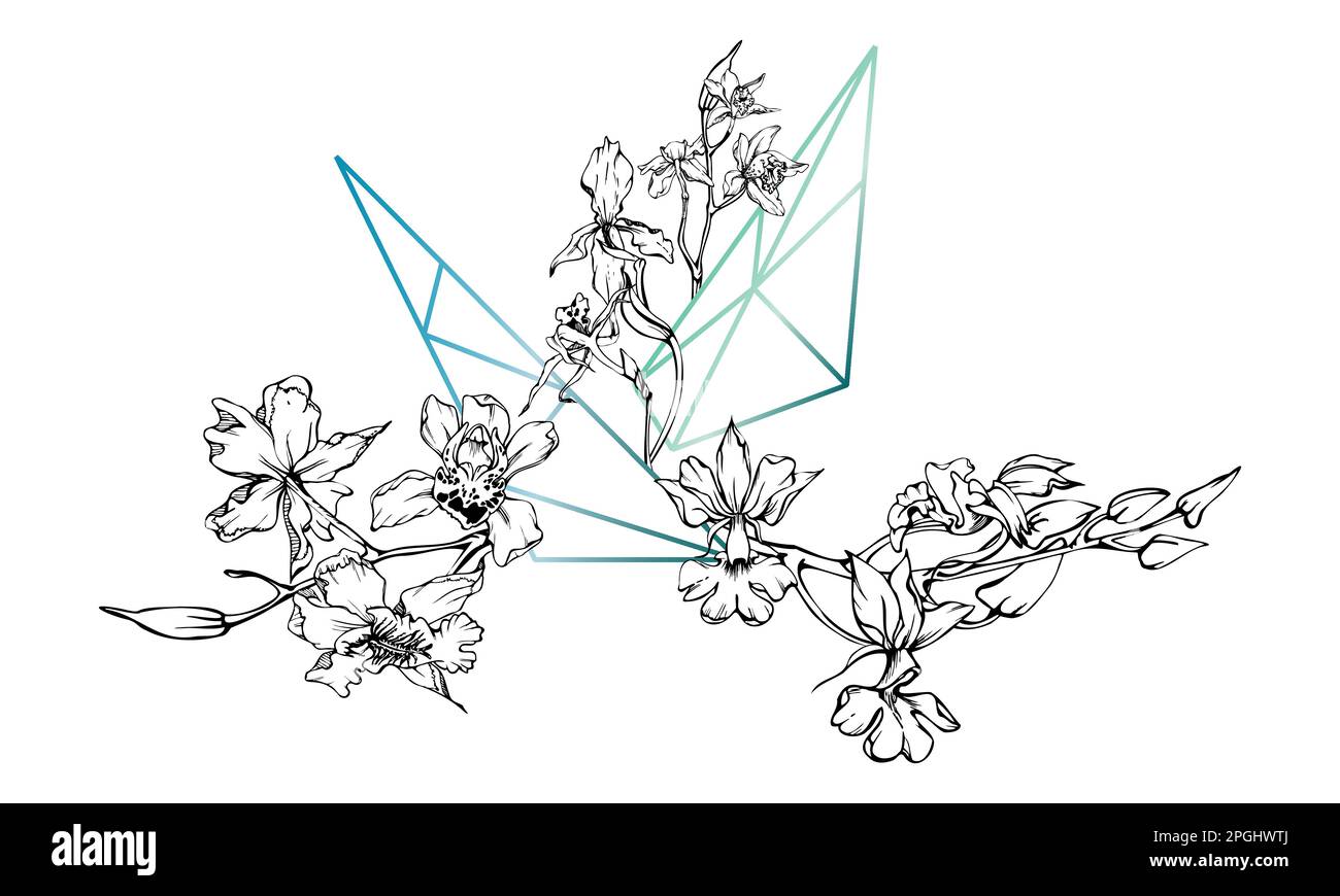 Fleurs et branches d'orchidées à encre vectorielle dessinées à la main, monochrome, contour détaillé. Composition en cristal. Isolé sur fond blanc. Conception Illustration de Vecteur