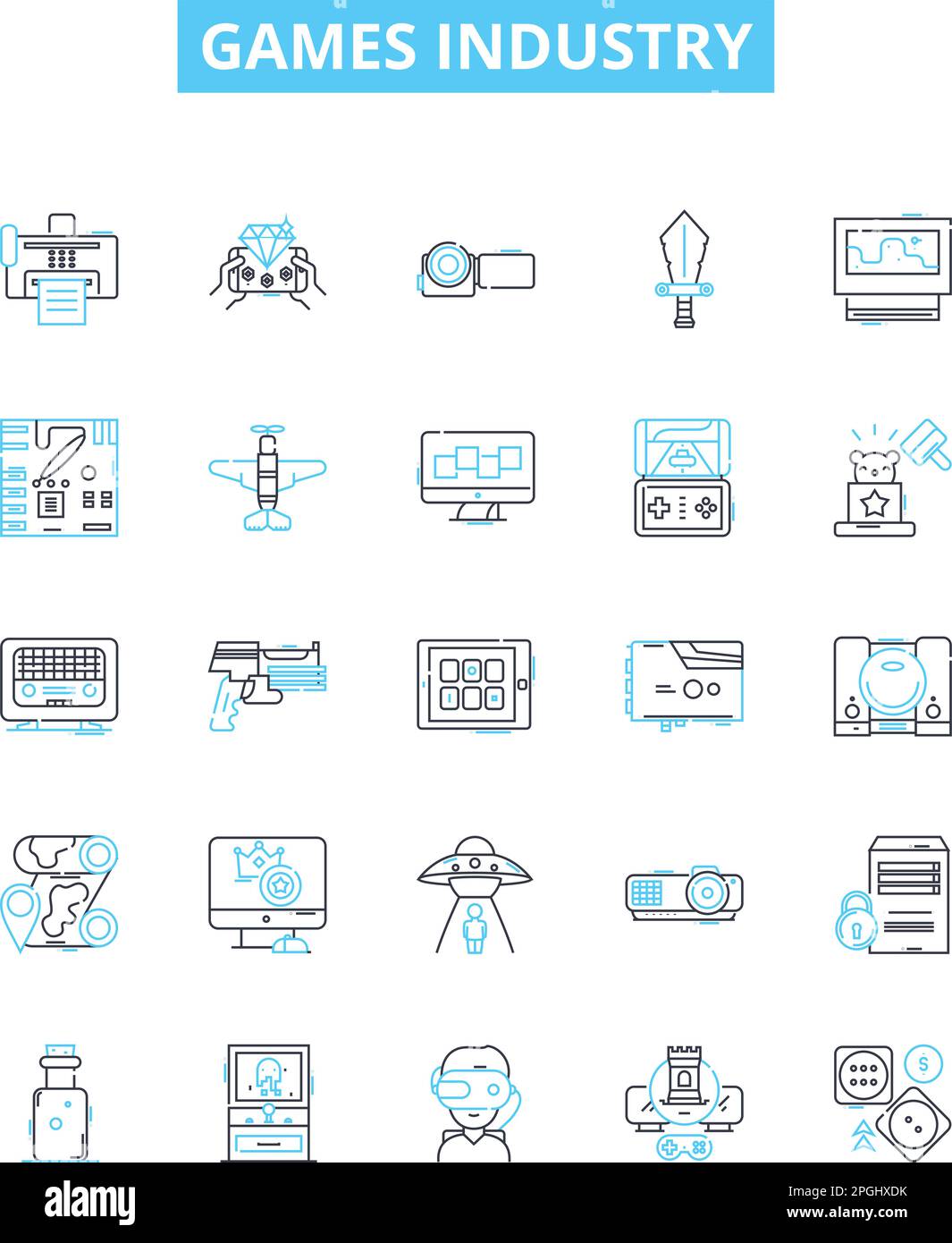 Jeux industrie vecteur ligne icônes ensemble. Jeux, Industrie, Jeux, vidéo, en ligne, Symboles et signes de concept pour les illustrations mobiles et Esports Illustration de Vecteur