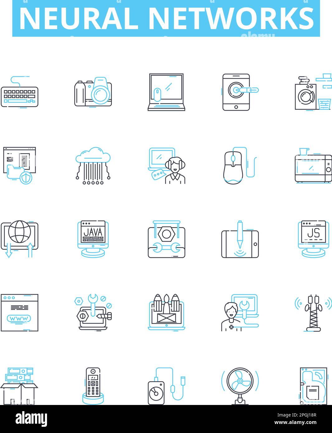 Réseaux neuronaux ensemble d'icônes de lignes vectorielles. Neurones, réseaux, apprentissage, ai, poids, Les synapses, l'illustration profonde, décrivent les symboles et les signes du concept Illustration de Vecteur