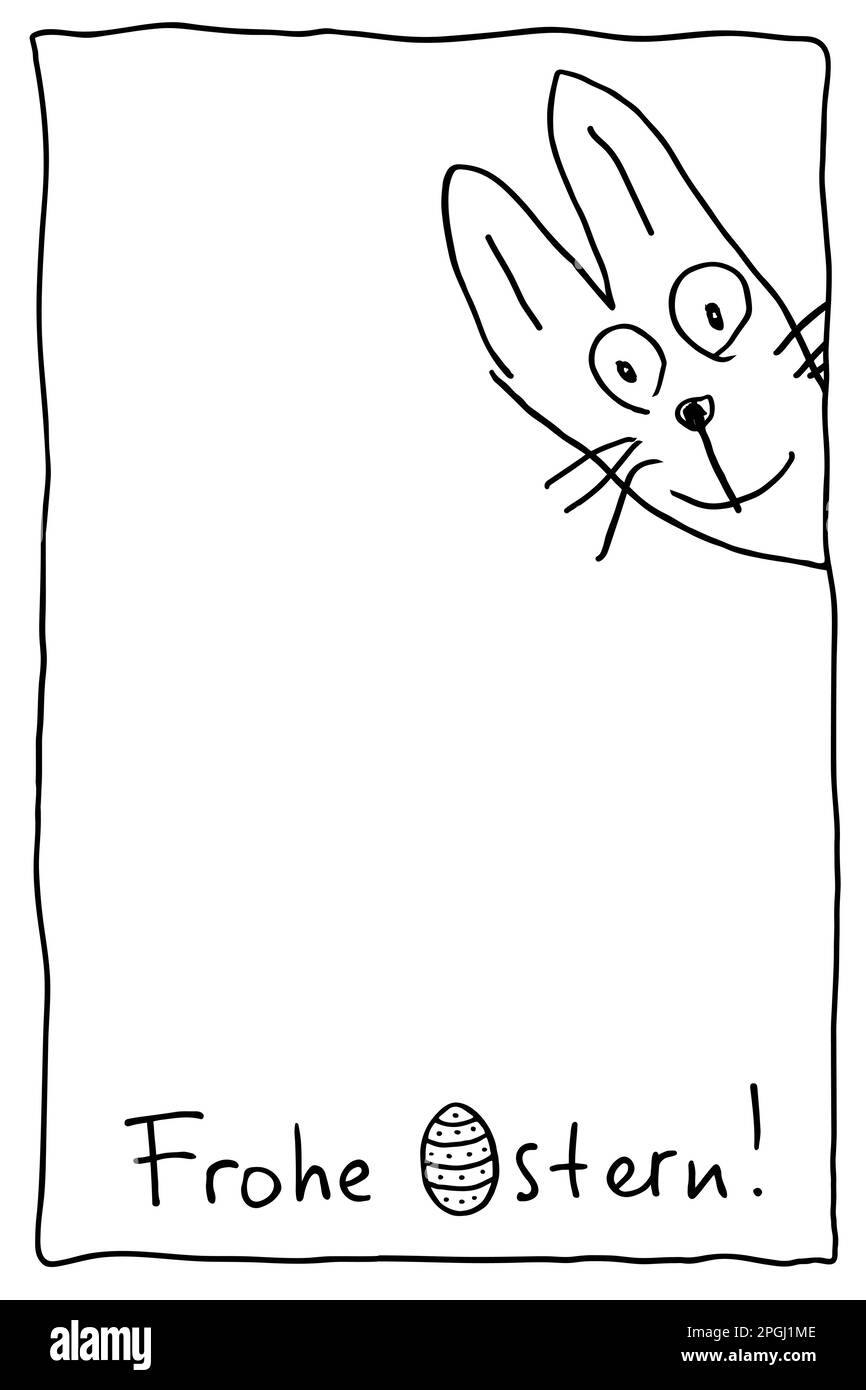 Mignon drôle lapin de Pâques avec l'inscription joyeuses Pâques en allemand. Le lièvre dessiné à la main est tourné vers l'extérieur. Illustration de Vecteur