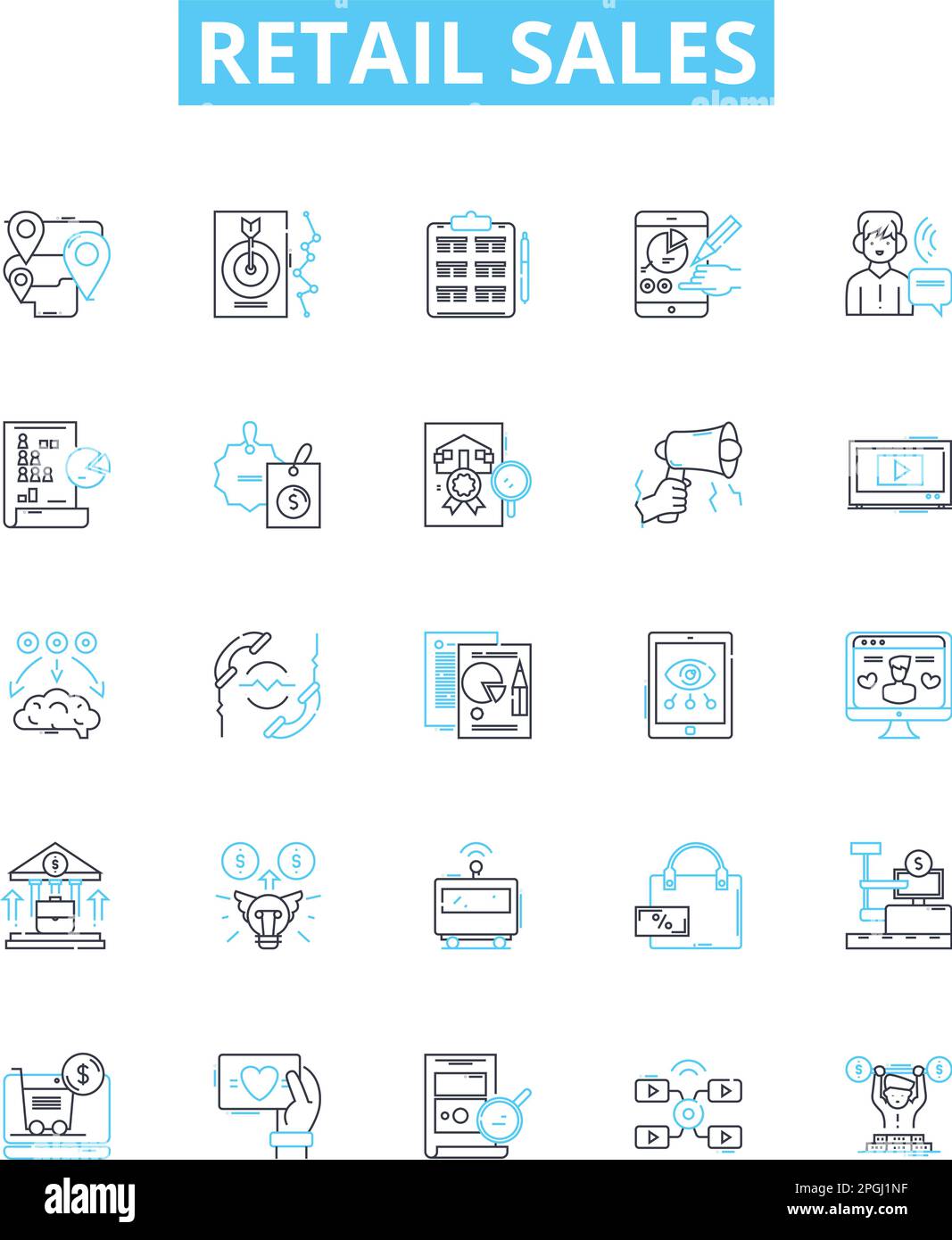 Ensemble d'icônes de ligne vectorielle de vente au détail. Vente au détail, ventes, marchandises, achats, magasin, Les clients, les illustrations de produits présentent des symboles et des signes conceptuels Illustration de Vecteur