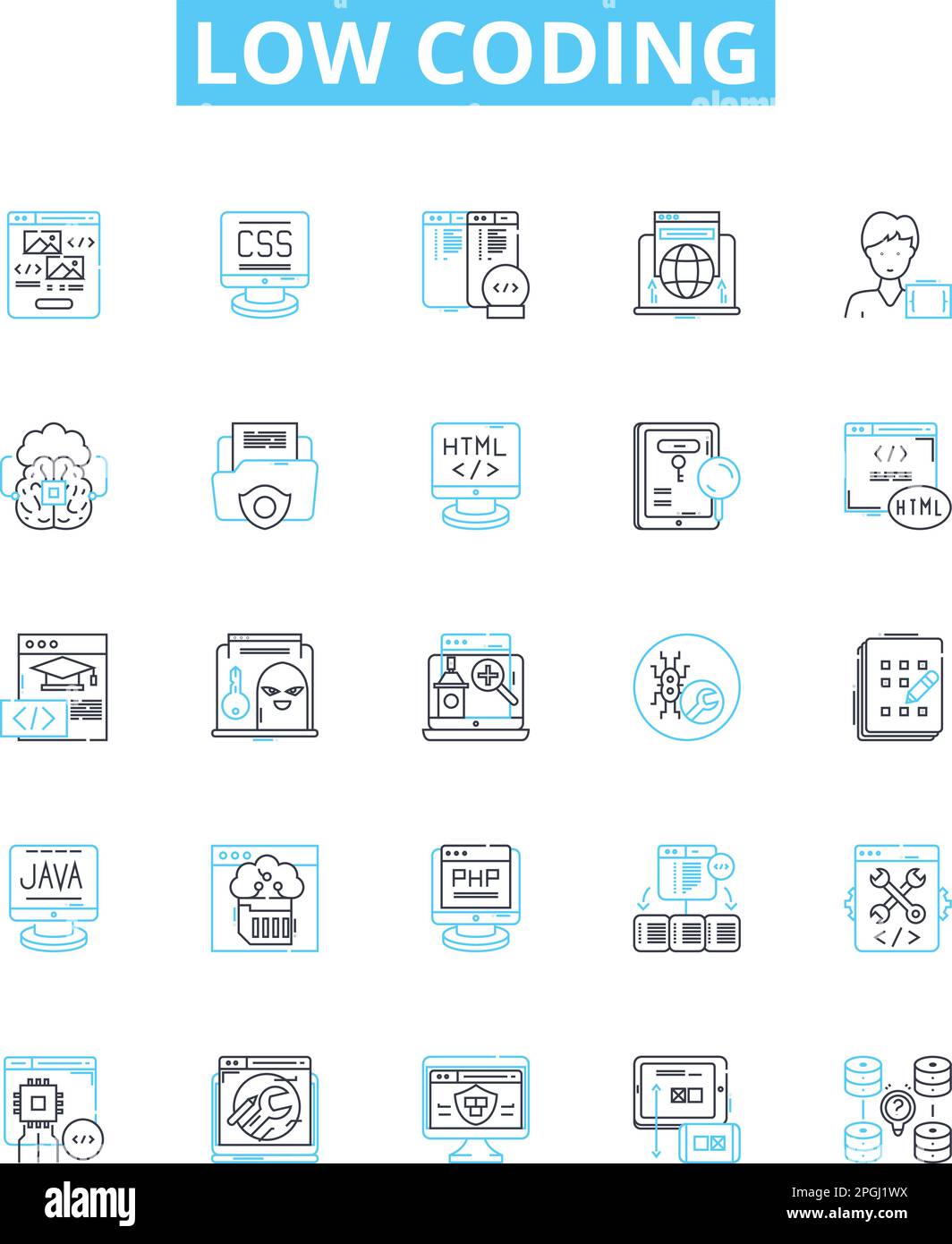 Jeu d'icônes de lignes vectorielles à faible codage. Sans code, visuel, déclaratif, automatisation, plate-forme, Application, illustration mobile, schéma des symboles de concept et Illustration de Vecteur