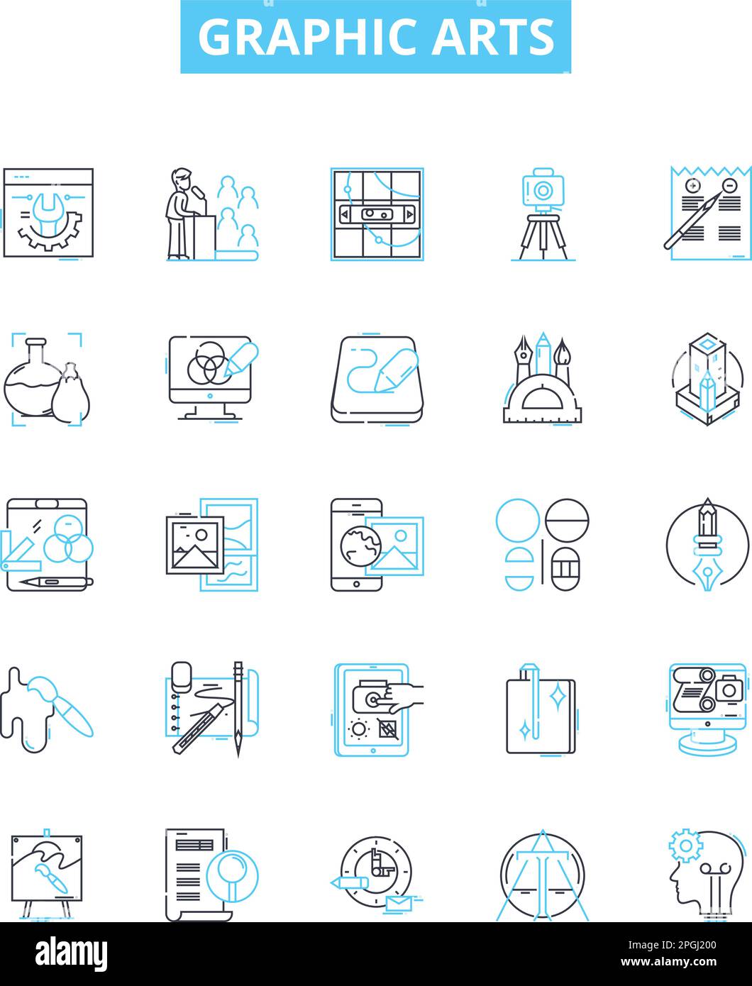 Jeu d'icônes de lignes vectorielles d'arts graphiques. Graphiques, Art, visuels, illustrations, dessins, Les images, les affiches d'illustration présentent les symboles et les signes conceptuels Illustration de Vecteur