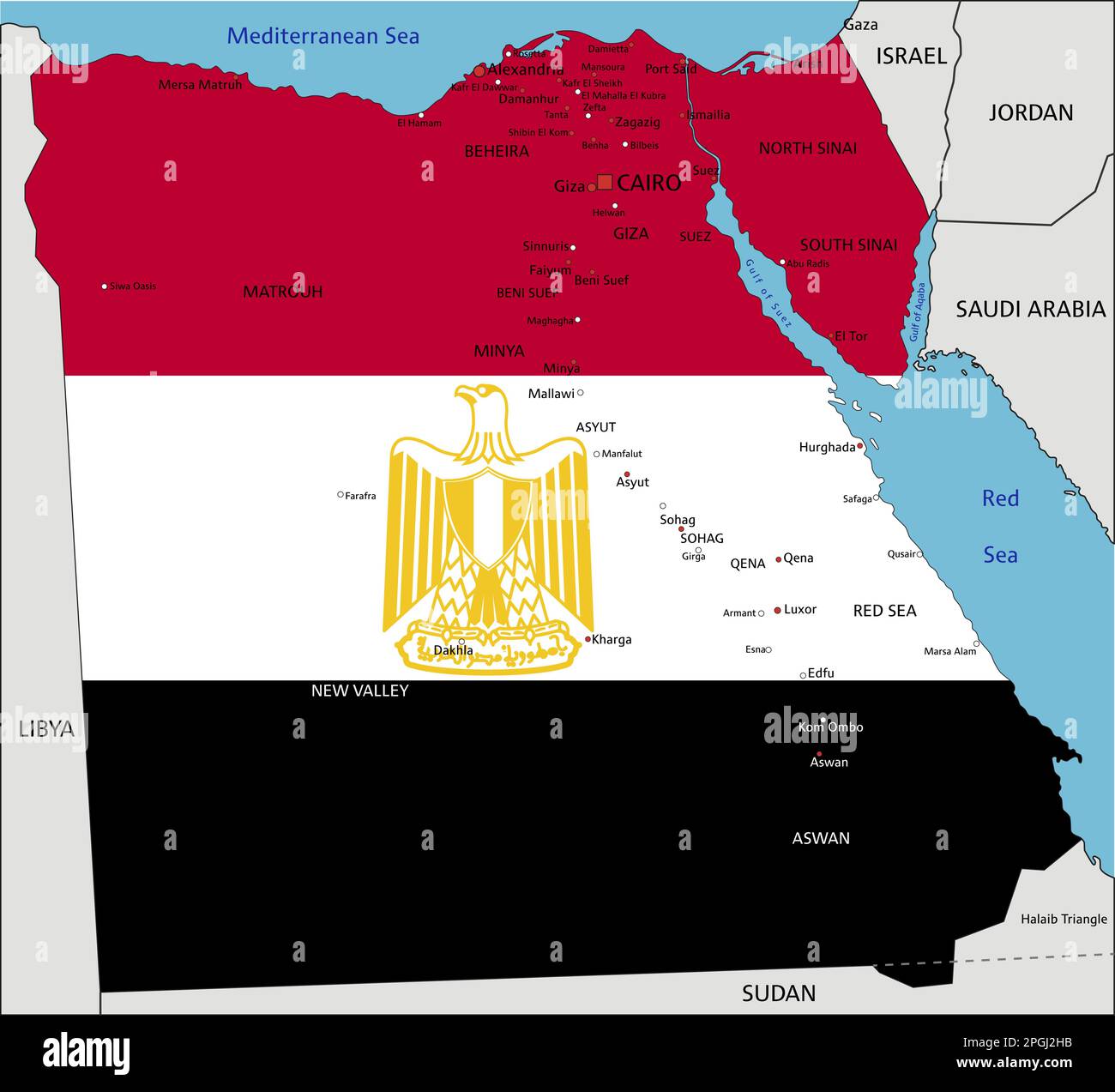 Égypte carte politique très détaillée avec drapeau national isolé sur fond blanc. Illustration de Vecteur