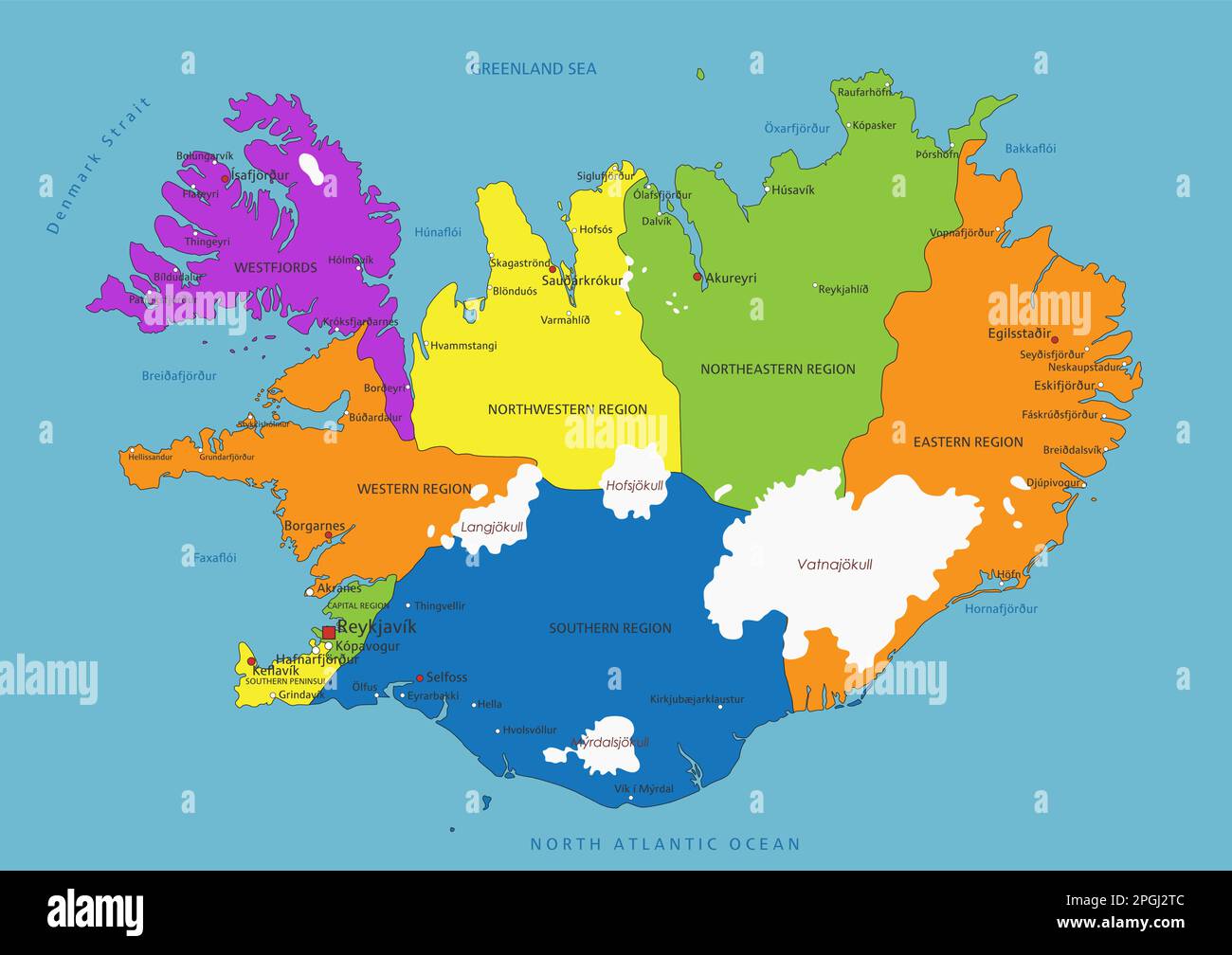 Carte politique colorée de l'Islande avec des couches clairement étiquetées et séparées. Illustration vectorielle. Illustration de Vecteur