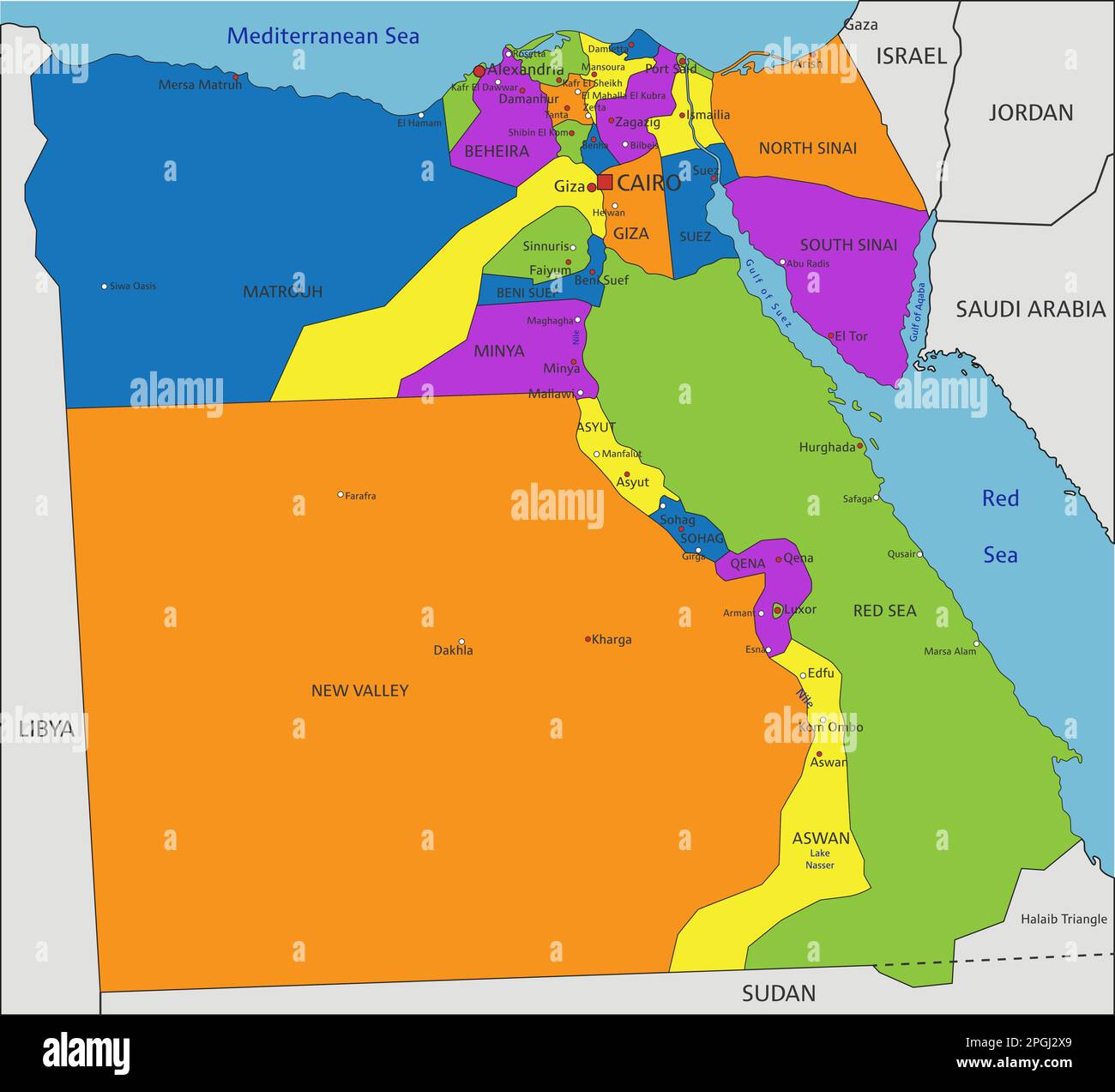 Carte politique colorée de l'Égypte avec des couches clairement étiquetées et séparées. Illustration vectorielle. Illustration de Vecteur