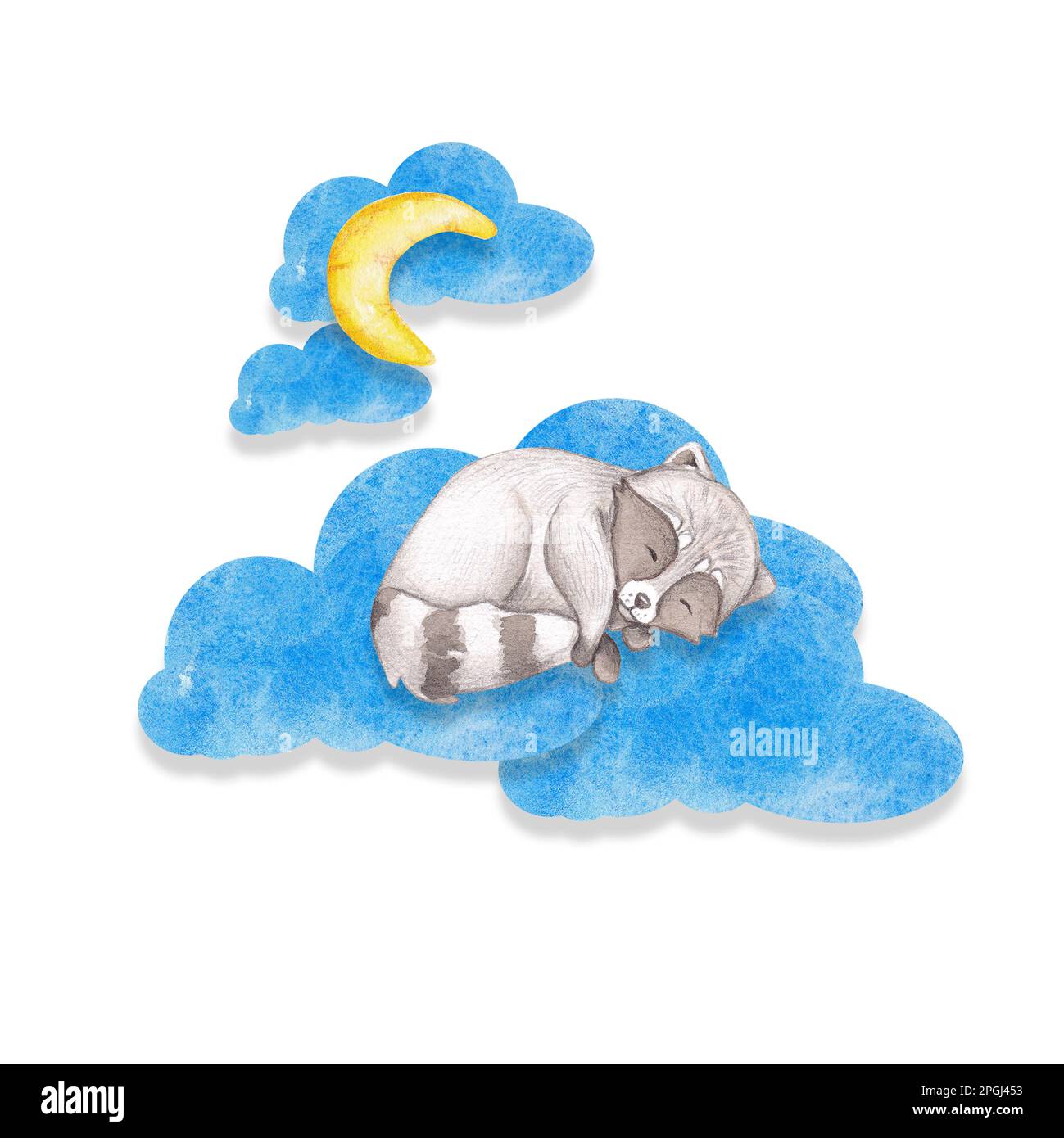 Un petit raton laveur gris dort sur un nuage. Illustration aquarelle d'un animal sauvage. Décoration de la chambre des enfants. Convient pour le papier peint, le message d'accueil Banque D'Images