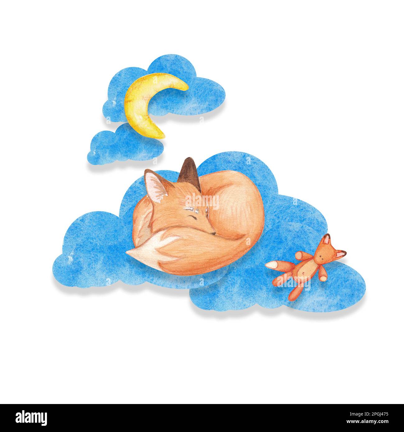 Un petit renard dort sur un nuage. Illustration aquarelle d'un animal sauvage. Décoration de la chambre des enfants. Convient pour papier peint, cartes de vœux, i Banque D'Images