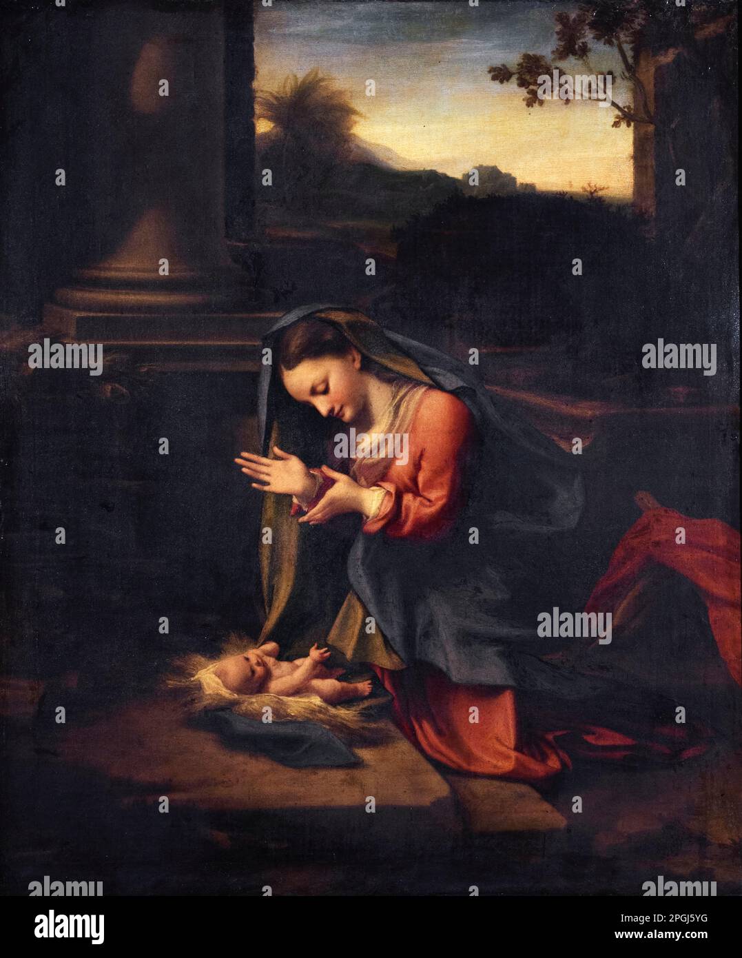 Antonio da Correggio, Madonna adoring the Child, peinture à l'huile sur panneau, 1518-1520 Banque D'Images
