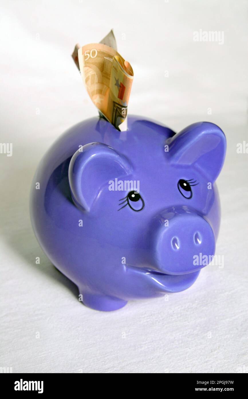 Porcgybank violet avec facture de 50 euros Banque D'Images