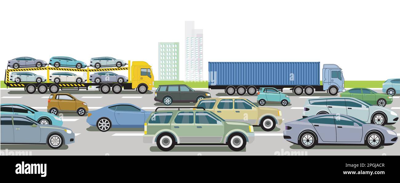Autoroute avec camion et voiture de tourisme, illustration Illustration de Vecteur