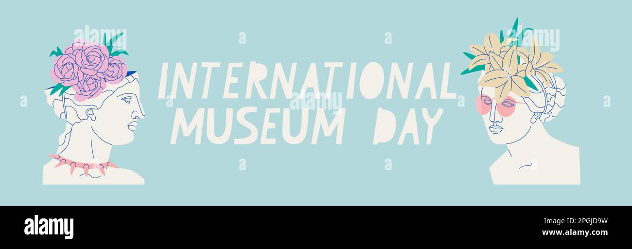 Bannière Web Journée internationale des musées. Sculptures anciennes grecques anciennes avec fleurs sur leur tête. Illustration de Vecteur
