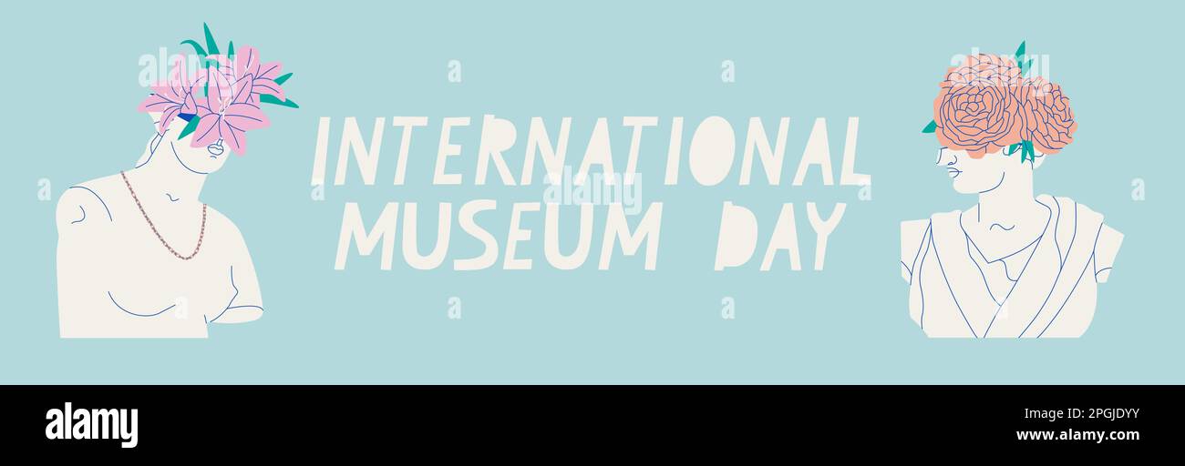 Bannière Web Journée internationale des musées. Sculptures anciennes grecques anciennes avec fleurs sur leur tête. Illustration de Vecteur