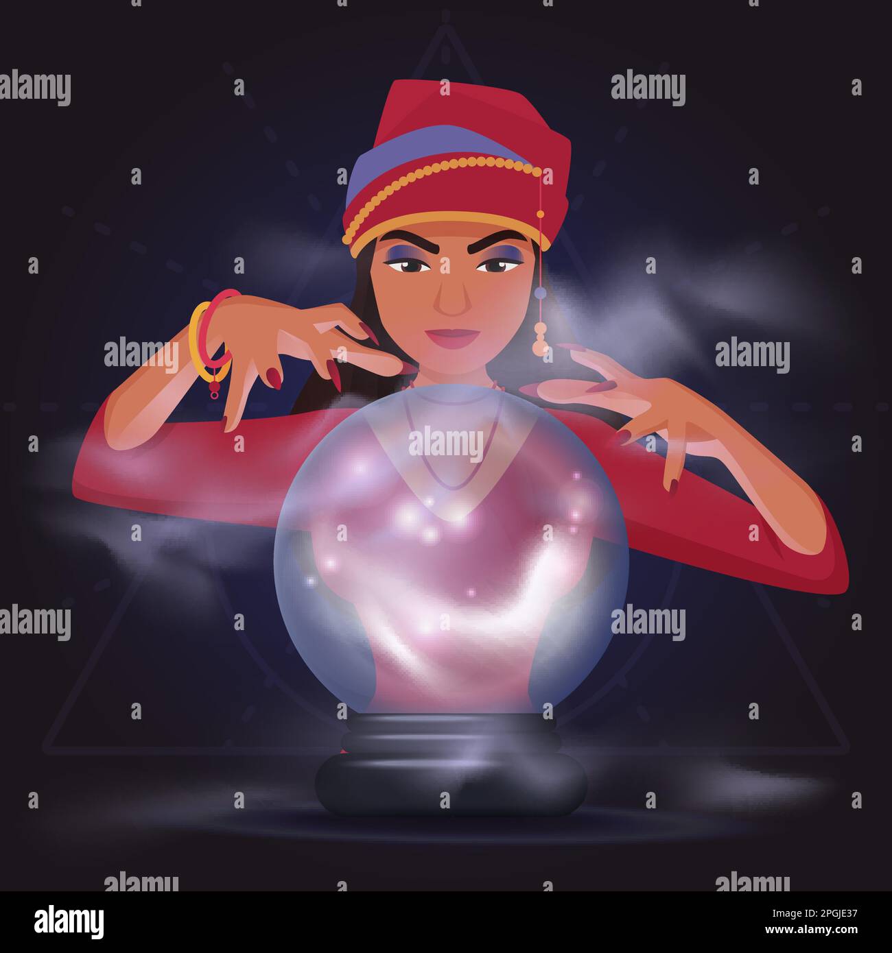 Gipsy fortune Teller avec illustration de vecteur de boule de cristal magique. Caricature fille personnage oracle racontant le destin et le destin de magiciens orb avec aura et effet de lumière de fumée sur fond sombre Illustration de Vecteur