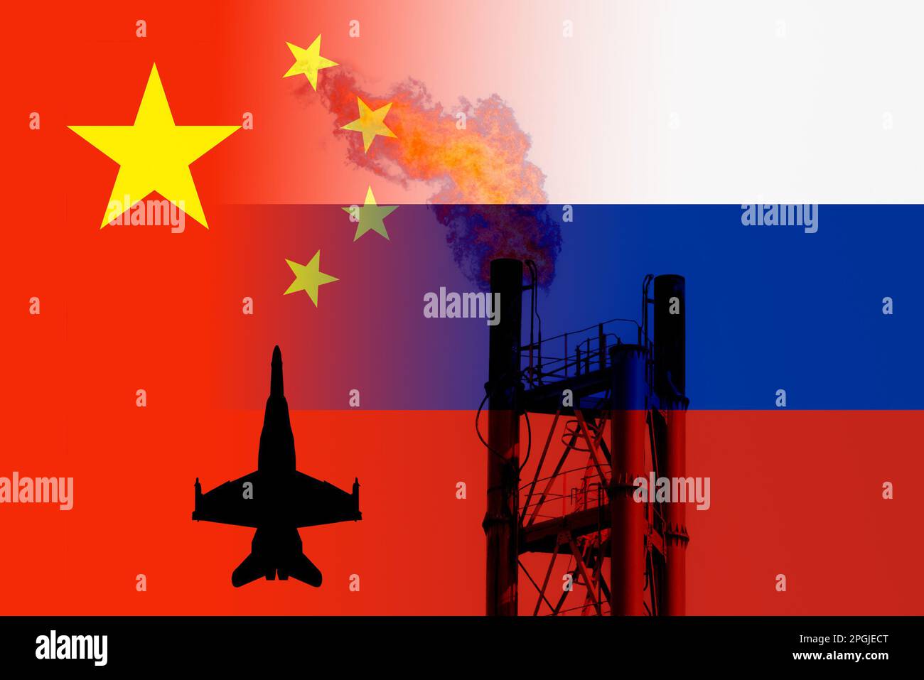 Les drapeaux de la Chine et de la Russie avec une cheminée de gaz industriel se superposont. Conflit en Ukraine, économie mondiale, prix du gaz, énergie, guerre... concept Banque D'Images
