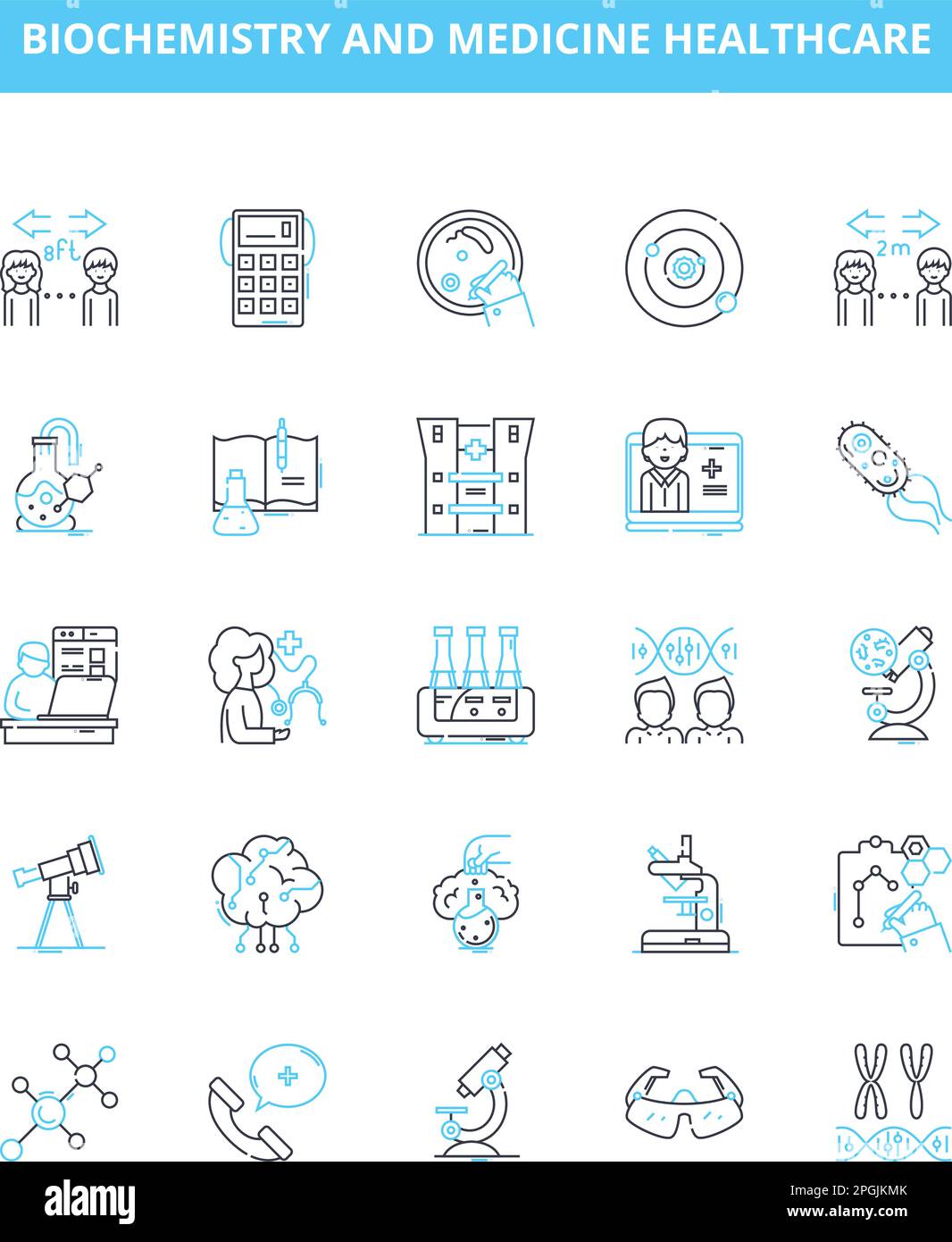 Ensemble d'icônes de lignes vectorielles de biochimie et de médecine de soins de santé. Biochimie, métabolisme, enzymes, hormones, protéines, Gènes, schéma de l'illustration de l'ADN Illustration de Vecteur