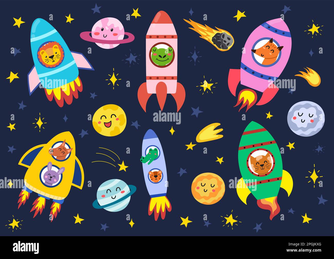 Placer les animaux dans leurs fusées. Des astronautes amusants dans les vaisseaux spatiaux Illustration de Vecteur