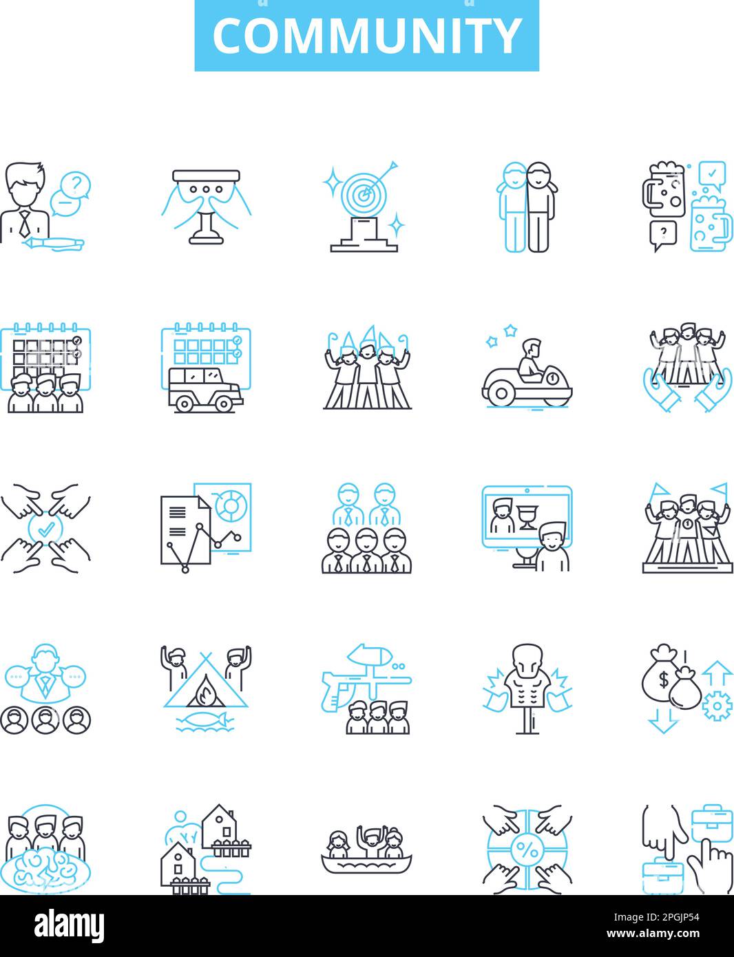 Jeu d'icônes de ligne de vecteur de communauté. Commune, Société, Bourse, Congrégation, Tribe, Collaboration, illustration de la coalition, esquisse des symboles de concept et Illustration de Vecteur